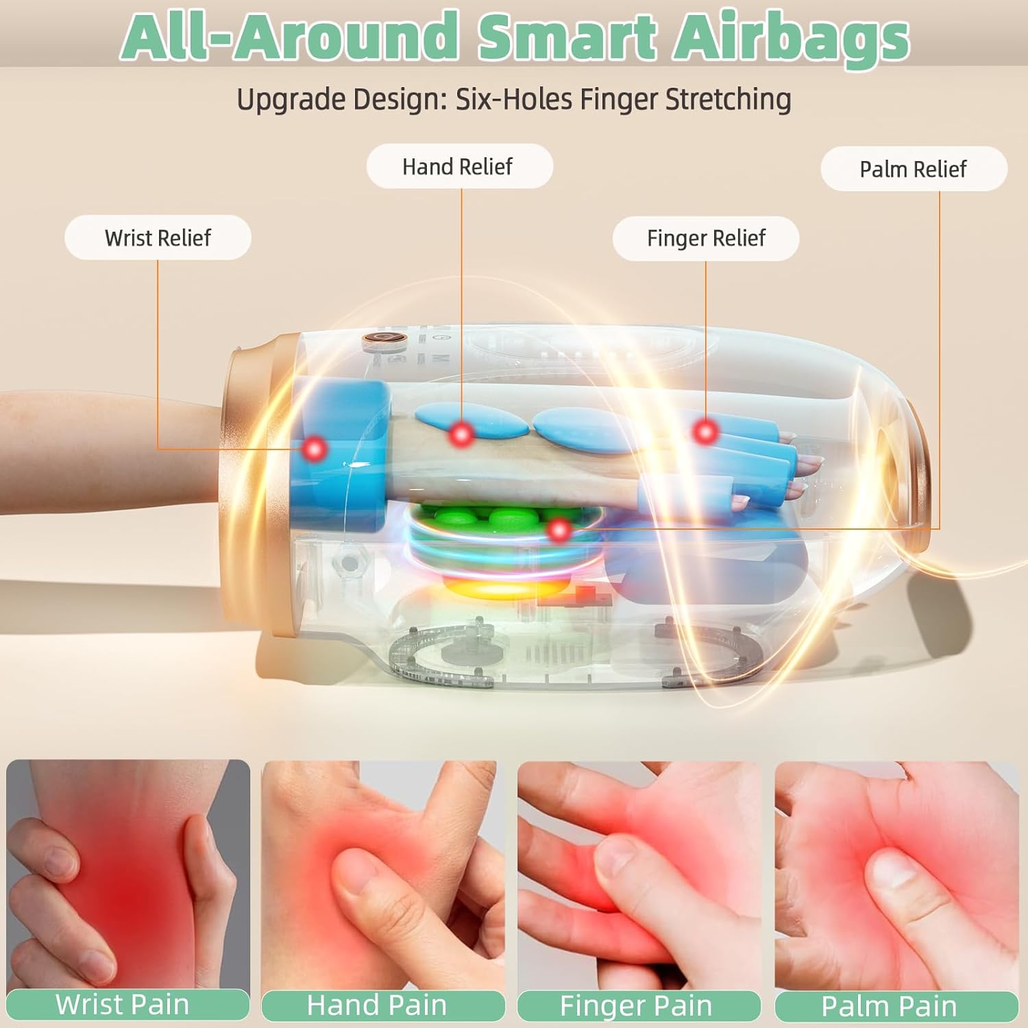 Hand Massager with Heat and Compression, 6 Holes Finger Stretching Hand Massager for Arthritis and Carpal Tunnel, 6 Levels Pressure Therapy with Wrist Massage Palm Kneading, Gifts for Women Men