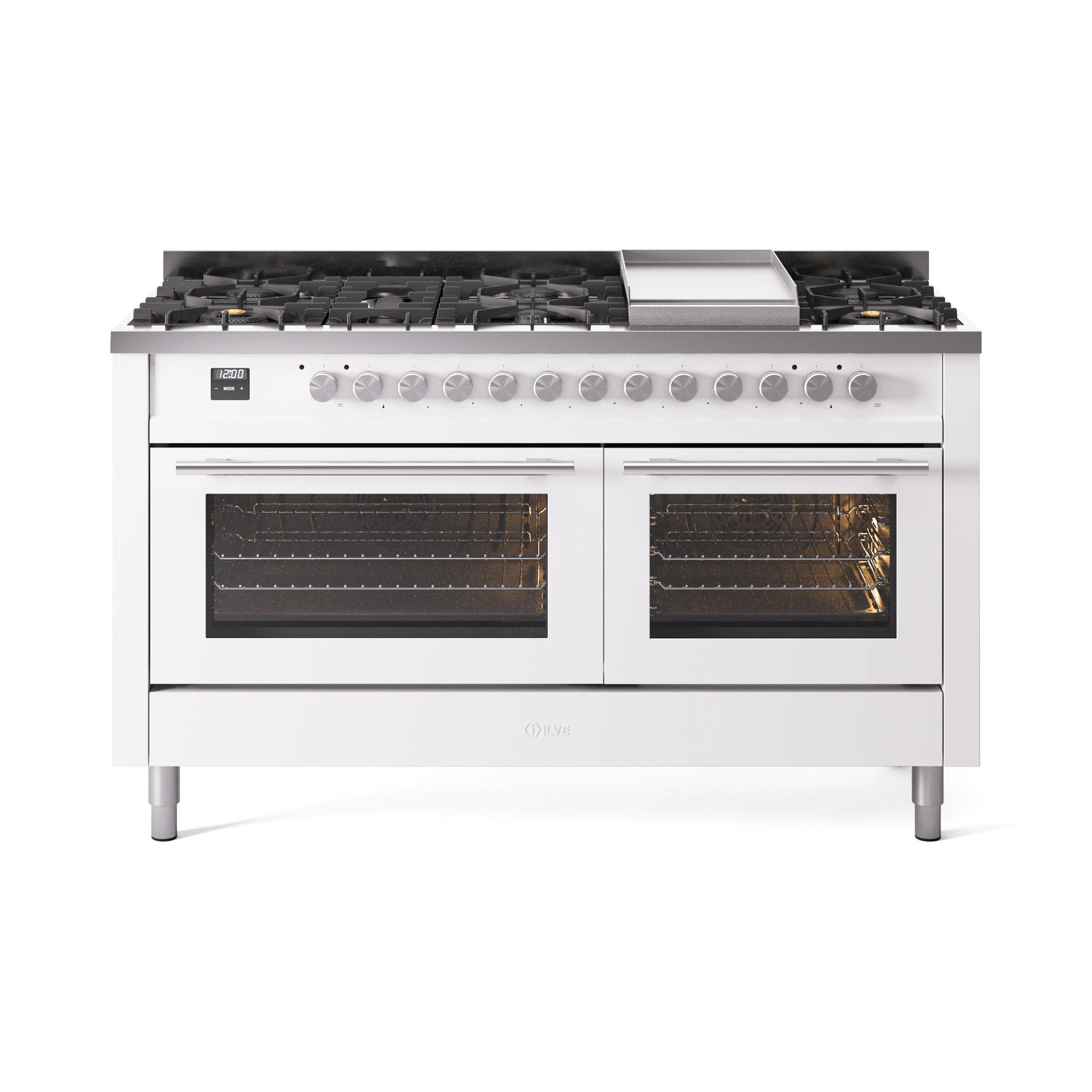 ILVE 60-inch Professional Plus II Dual Fuel Range with 9 Burners, Griddle, and Triple Glass Door Oven in White (UP60FWMPWH)