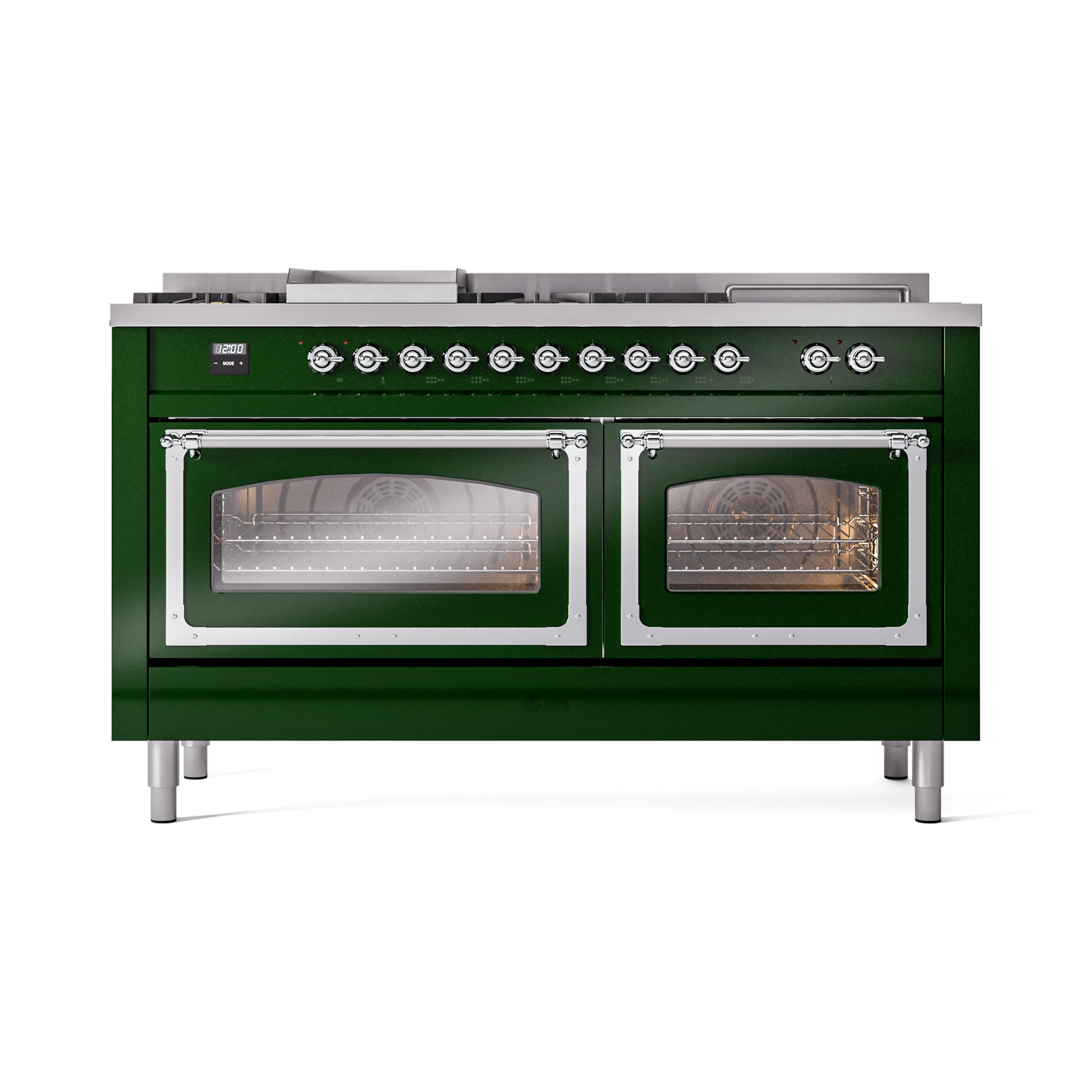 ILVE 60-Inch Nostalgie II Noblesse Dual Fuel Range with 7 Sealed Burners, Griddle, French Top, and Triple Glass Door Oven in Emerald Green with Chrome Trim (UN60FSNMPEGC)