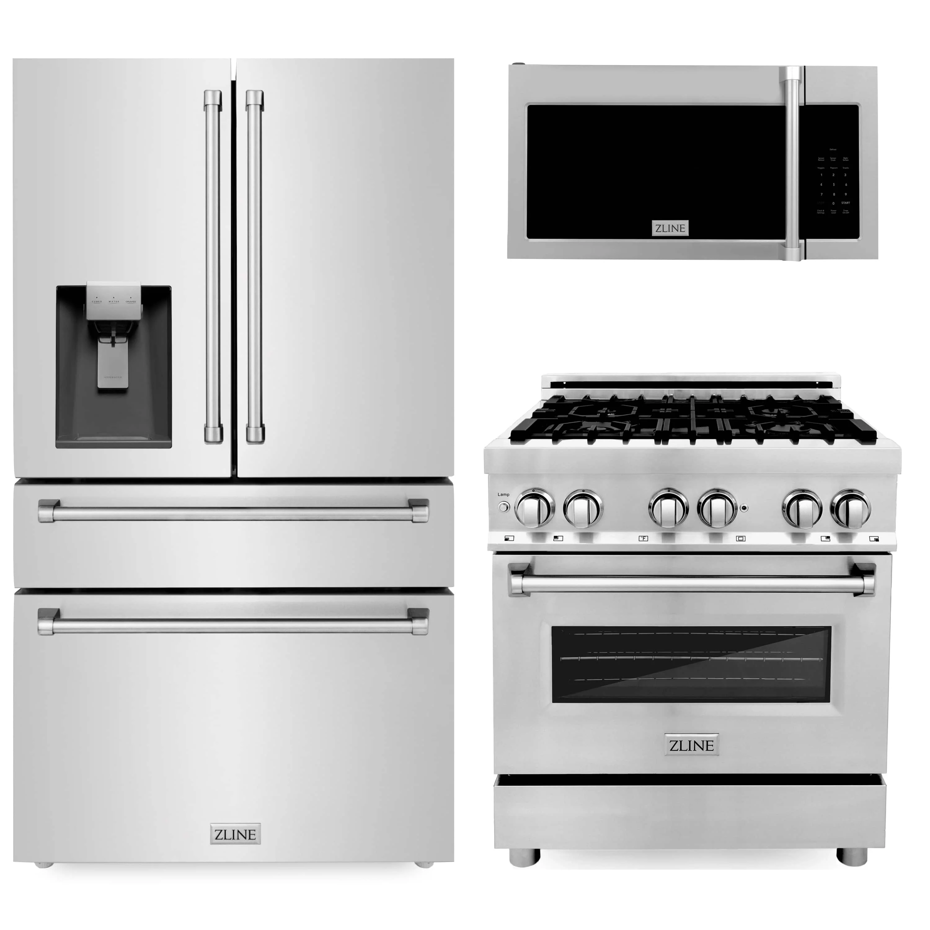 ZLINE 3-Piece Appliance Package - 30-Inch Dual Fuel Range, Refrigerator with Water Dispenser, & Over-the-Range Microwave/Vent Hood Combo (3KPRW-RAOTRH30)