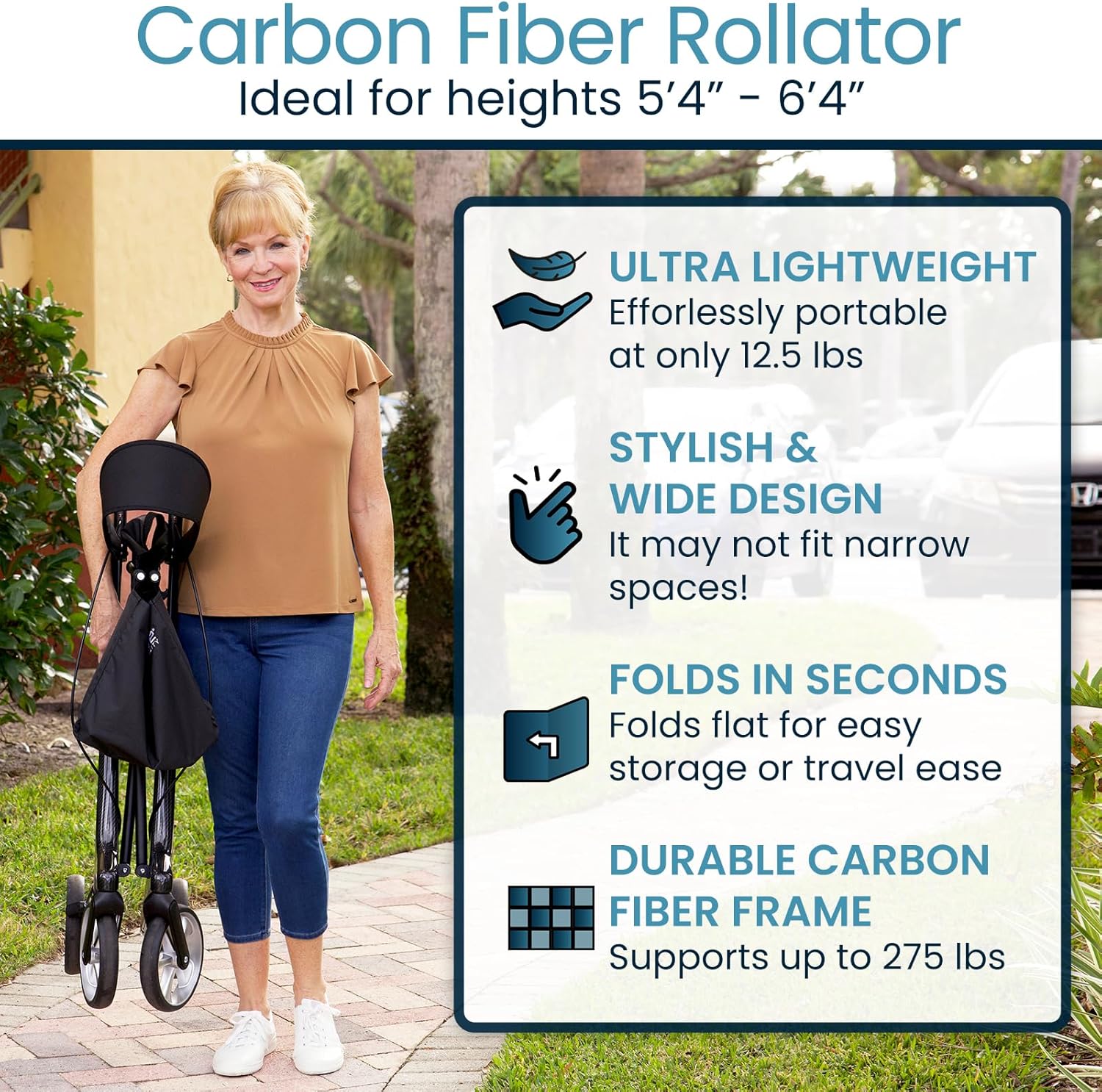 Vive Lightweight Rollator Walker with Seat - Carbon Fiber Frame for Seniors - Stand up Folding Mobility Aid - Height Adjustable, Brakes, Armrest & Storage Bag Accessory (Black)