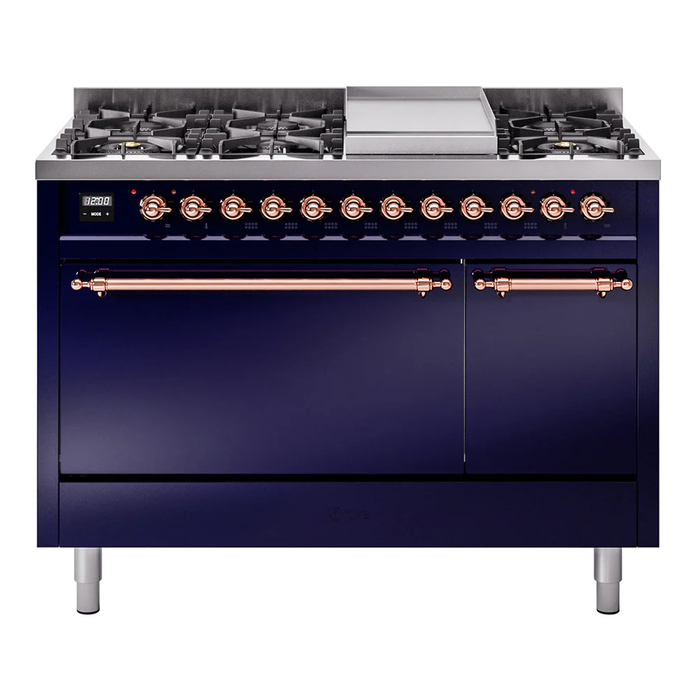 ILVE 48-Inch Nostalgie II Dual Fuel Range with 8 Burners, Griddle, and Solid Door Oven in Midnight Blue with Copper Trim (UP48FQNMPMBP)