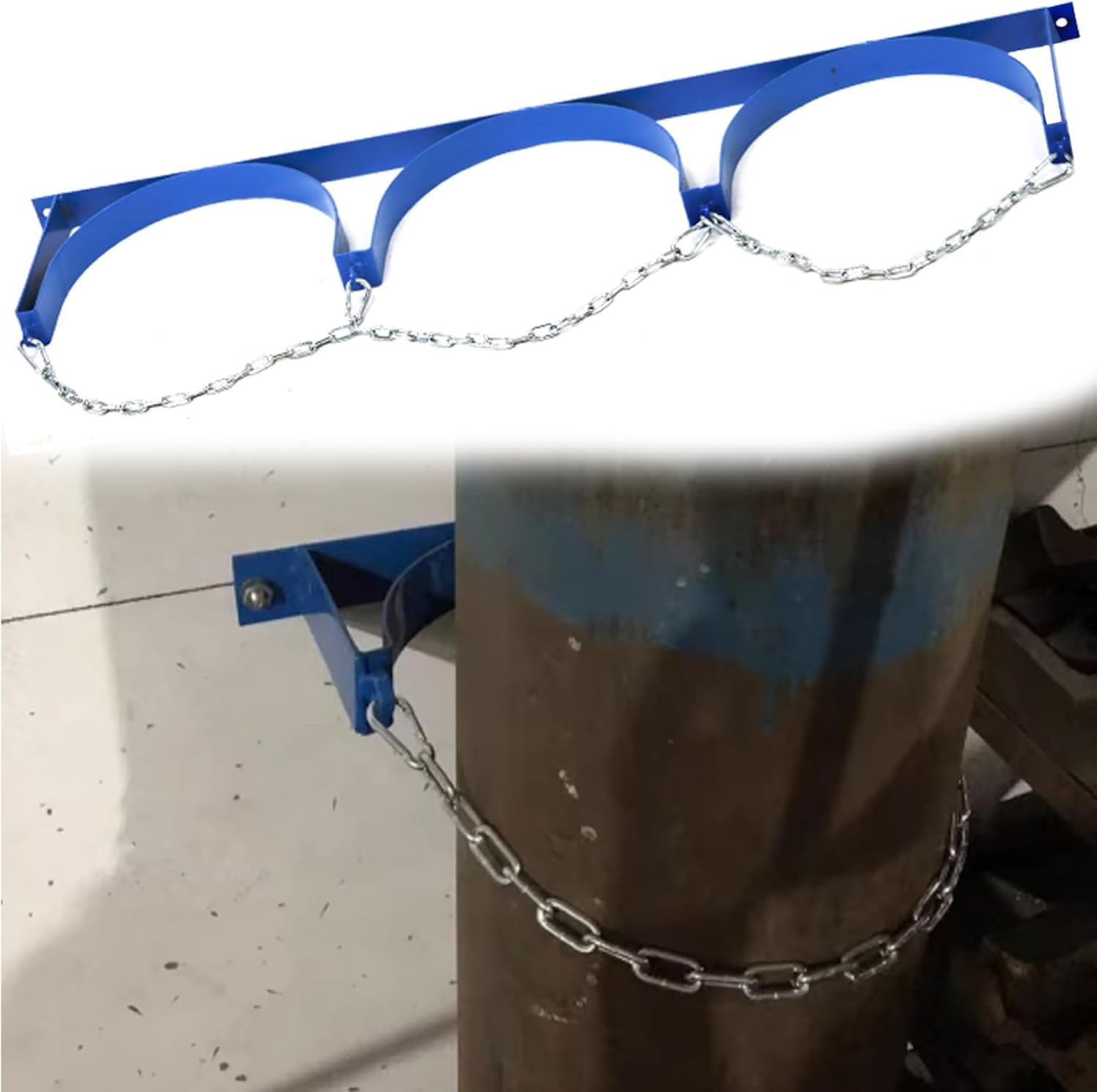 Blue Steel Gas Cylinder Fixed Rack with Protective Chain, Cylinder Wall Mounted Brackets, Gas Cylinder Organizer Shelf for Hospital/Labs/Corporate,7 Pcs-3 Bottles - 37.4x7.9 in