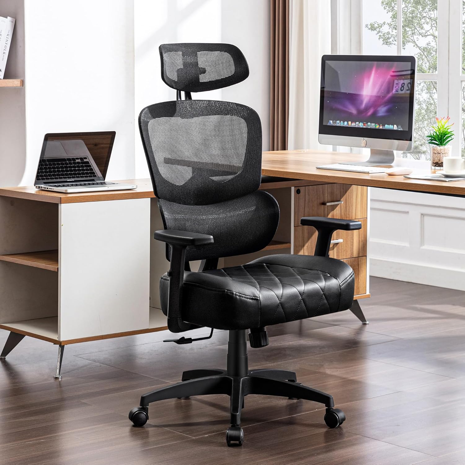 VECELO Swivel Ergonomic High Back Mesh Office Chair with Adjustable Headrest Armrest, Backrest Tilt Function, Lumbar Support for Executive/Computer Desk/Task Work