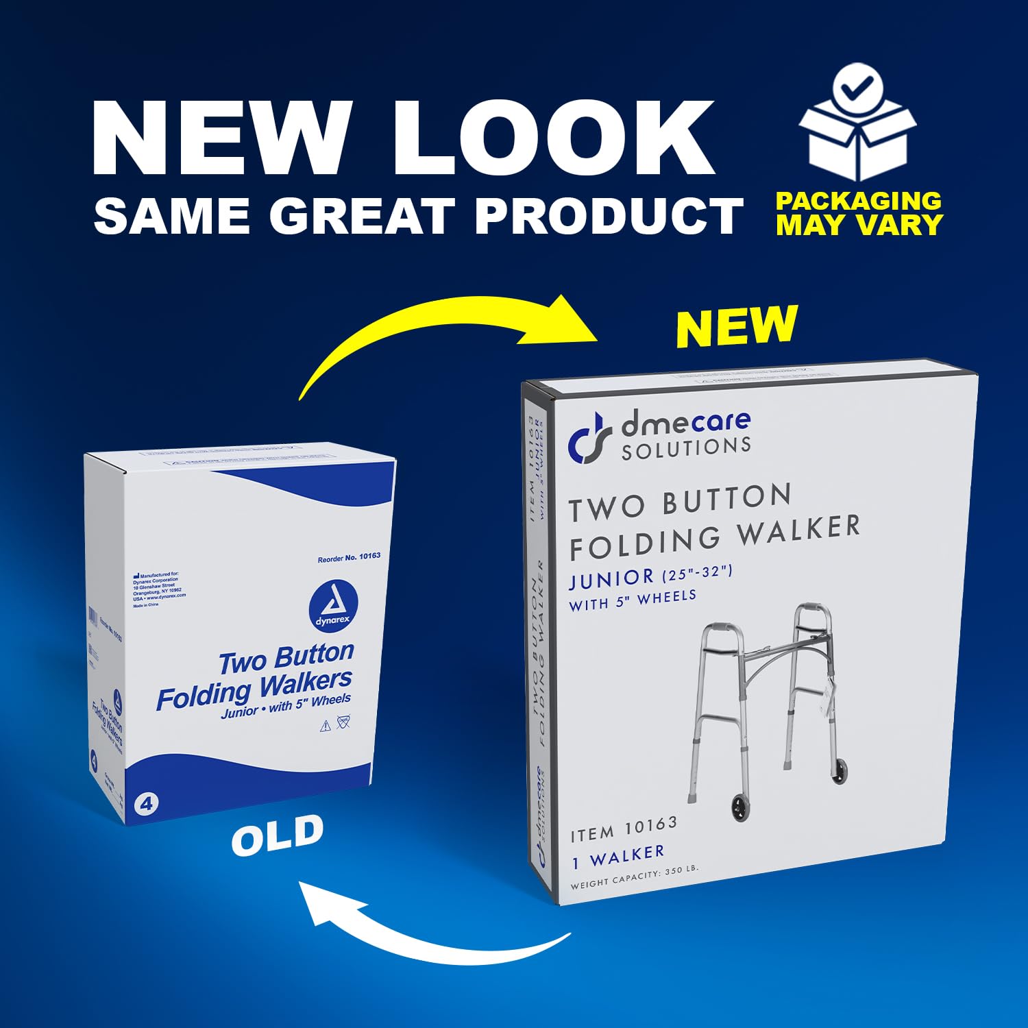 Dynarex Junior Two-Button Folding Walker with Wheels has Tool-Free Adjustable Height up to 32.5” & 300 Pound Weight Capacity, Silver, 4 Junior Two-Button Folding Walkers with Wheels