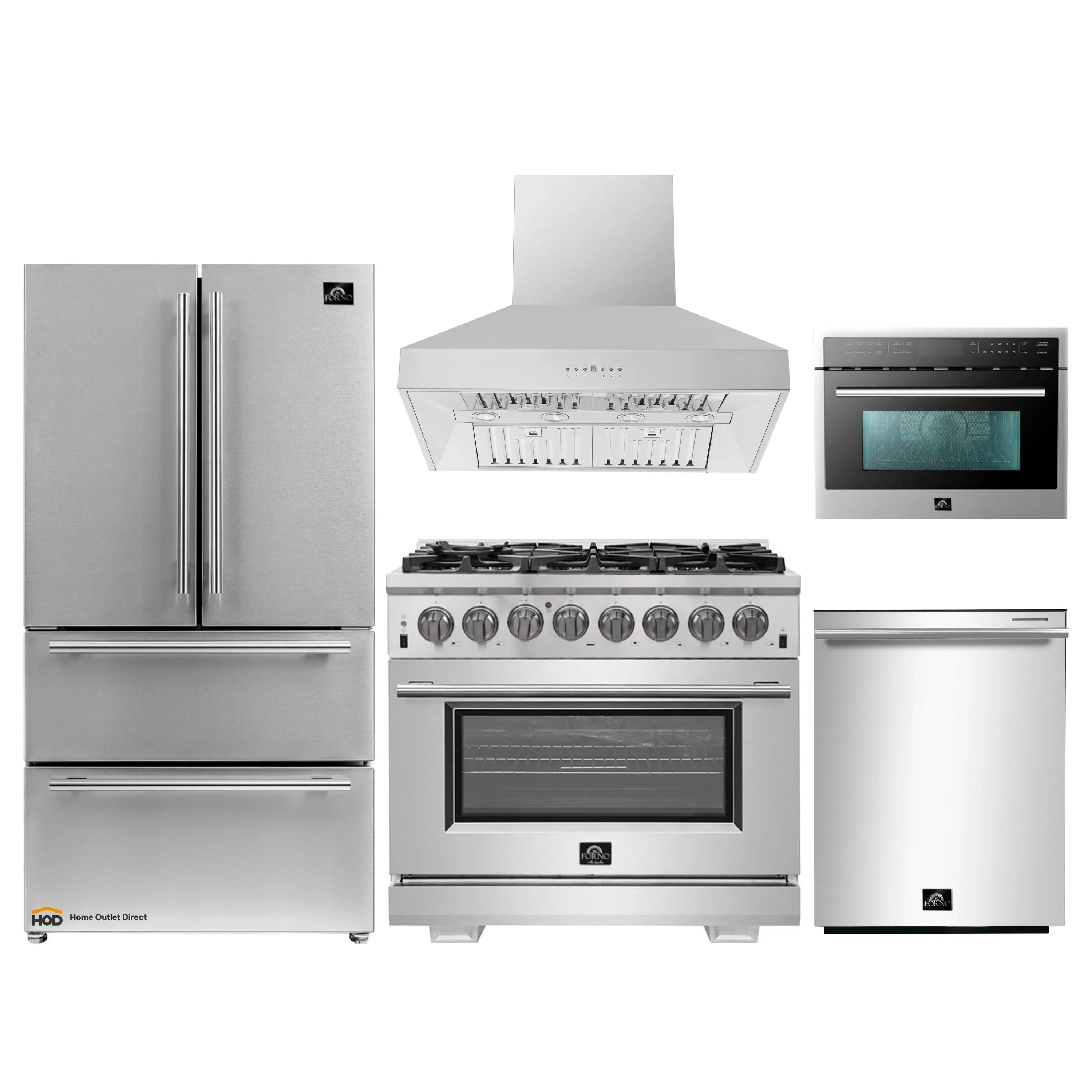 Forno 5-Piece Pro Appliance Package - 36-Inch Dual Fuel Range, Refrigerator, Wall Mount Hood, 24-Inch Microwave Oven, & 3-Rack Dishwasher in Stainless Steel