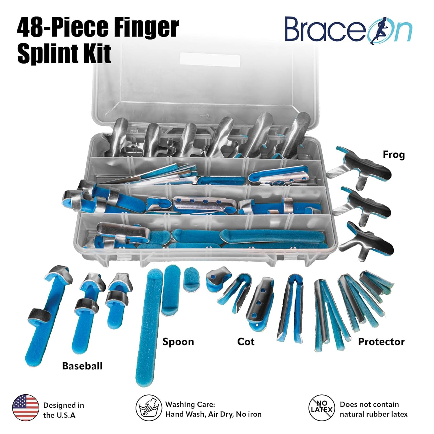 Brace On 48-Piece Thumb and Finger Splint Kit Hand Injury Splints, Comfortable Foam Support, Metal Splinting, 5 Assorted Styles, Thumb Brace, Finger Cots, Thumb Splint and Finger Spint and Braces