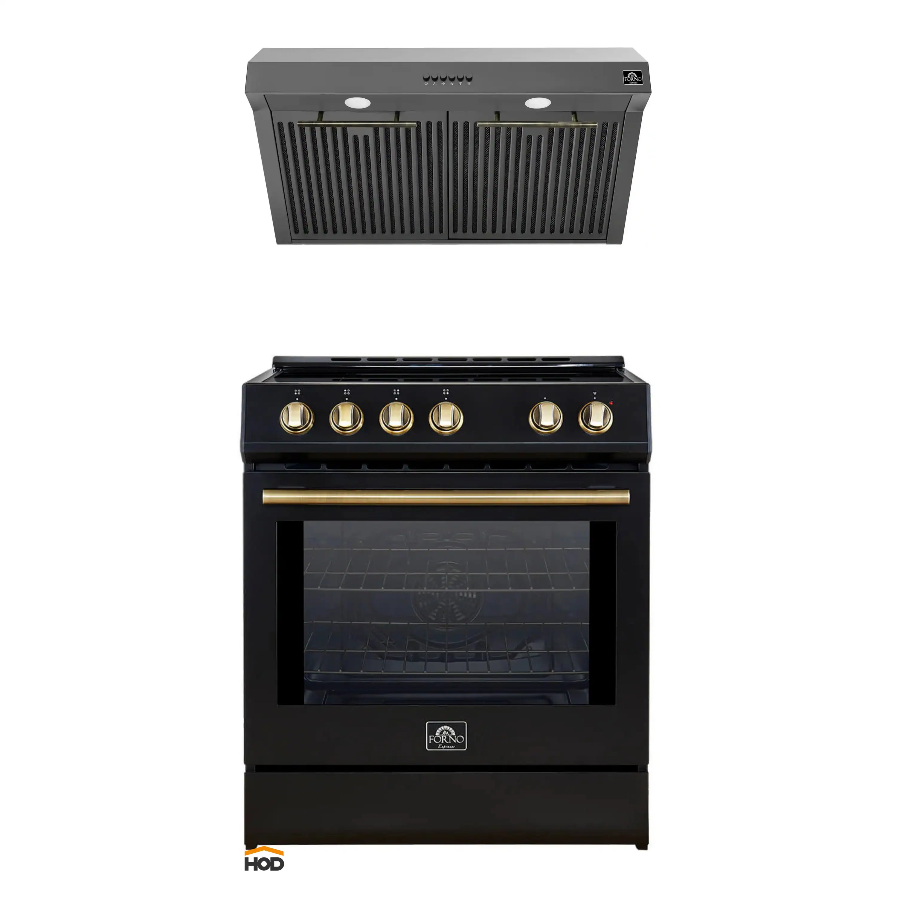 Forno 2-Piece Appliance Package - 30-Inch IInduction Range, and Under Cabinet Range Hood in Black with Antique Brass Trim