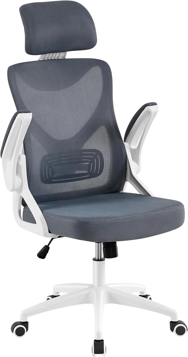 Yaheetech Ergonomic Mesh Office Chair, High Back Desk Chair with flip-up Armrests, Adjustable Padded Headrest Lumbar Support for Home Oiffce Game Room, White/Gray