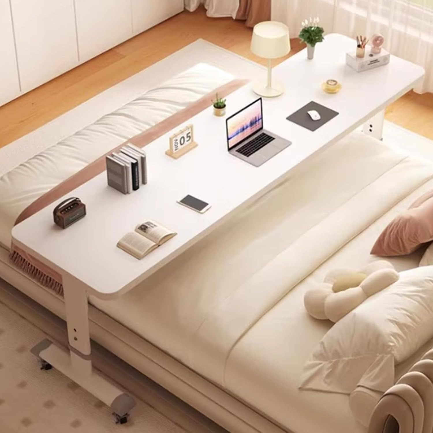 Overbed Table with Swivel Wheels, Bedside Over The Bed Table Adjustable Height, Standing Laptop Cart for Elderly, Hospital Patients, Home(180x40cm/70.8x15.7in)