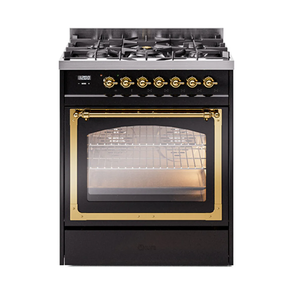 ILVE Nostalgie II Noblesse 30-Inch Dual Fuel Range with Triple Glass Door in Glossy Black with Brass Trim (UN30NMPBKG)