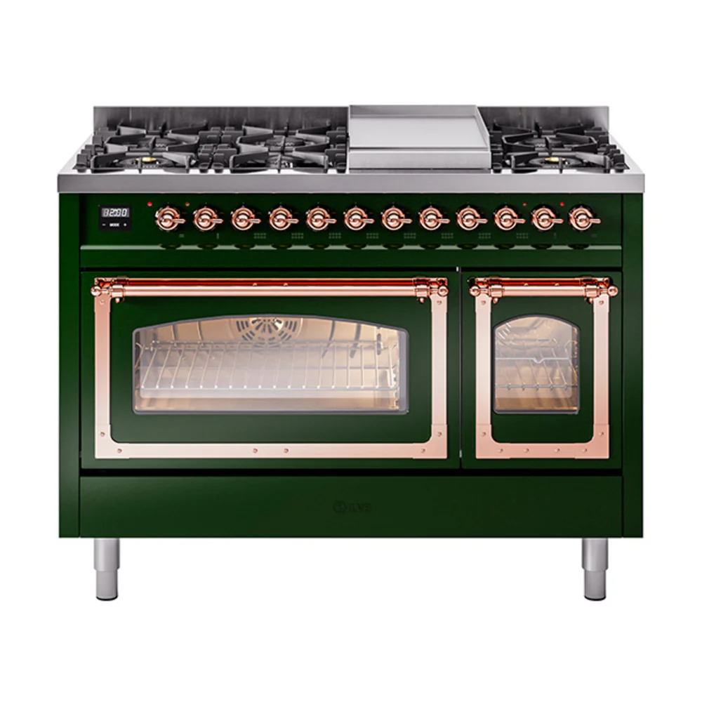 ILVE Nostalgie II Noblesse 48-Inch Dual Fuel Freestanding Range in Emerald Green with Copper Trim (UN48FNMPEGP)