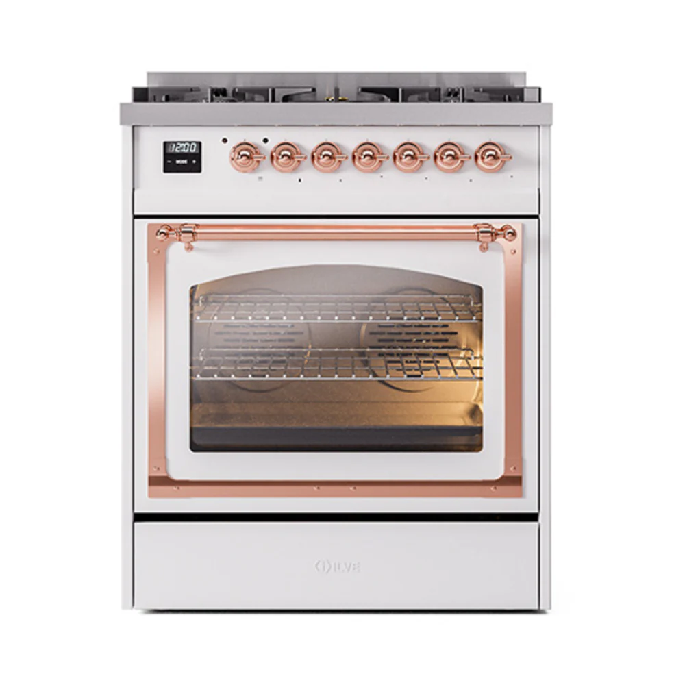 ILVE Nostalgie II Noblesse 30-Inch Dual Fuel Range with Triple Glass Door in White with Copper Trim (UN30NMPWHP)