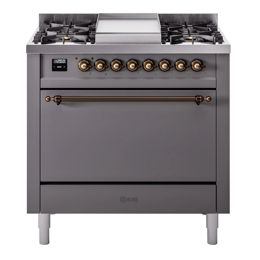 ILVE 36-Inch Nostalgie II Dual Fuel Range with 6 Burners and Solid Door Oven in Matte Graphite with Bronze Trim (UP36FQNMPMGB)