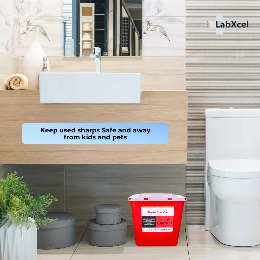 Polypropylene 2 Gallons Sharps Container with Cap – Needle & Syringe Disposal for Home & Professional Use, Free Standing, Translucent Sliding Lid, PVC-Free Medical Waste Bin – Red, 24 Count