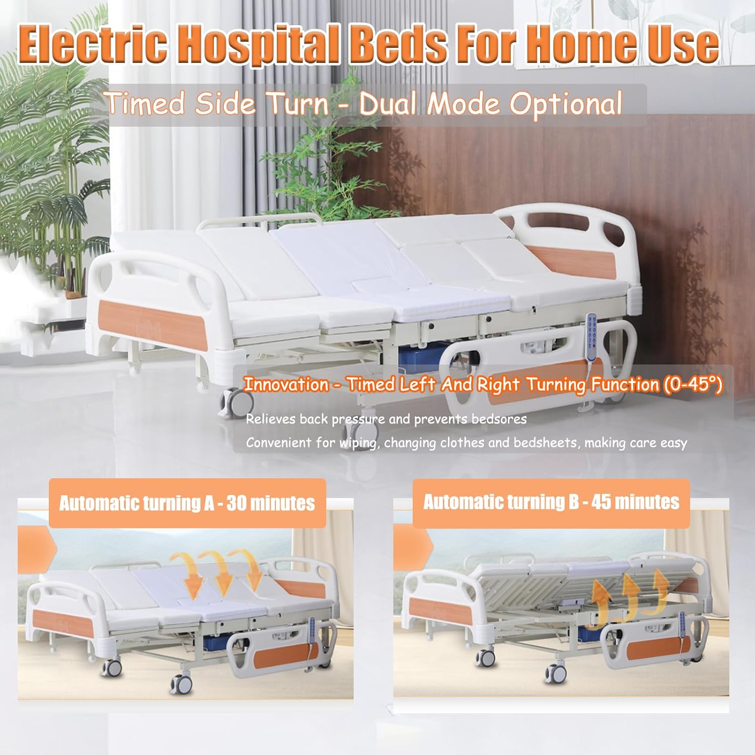 Premium Hospital Bed - 10 Function Full Electric Hospital Bed, 0-45°Timed Side Turn, Electric Medical Bed with Mattress & ABS Rails, Bedpan, Dining Table Board, IV Pole, Casters, Up to 550LBS