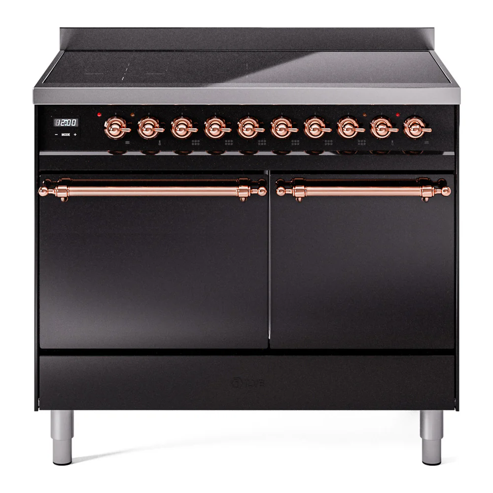 ILVE 40-Inch Nostalgie II Induction Range with Solid Door Oven in Glossy Black with Copper Trim (UPDI406QNMPBKP)