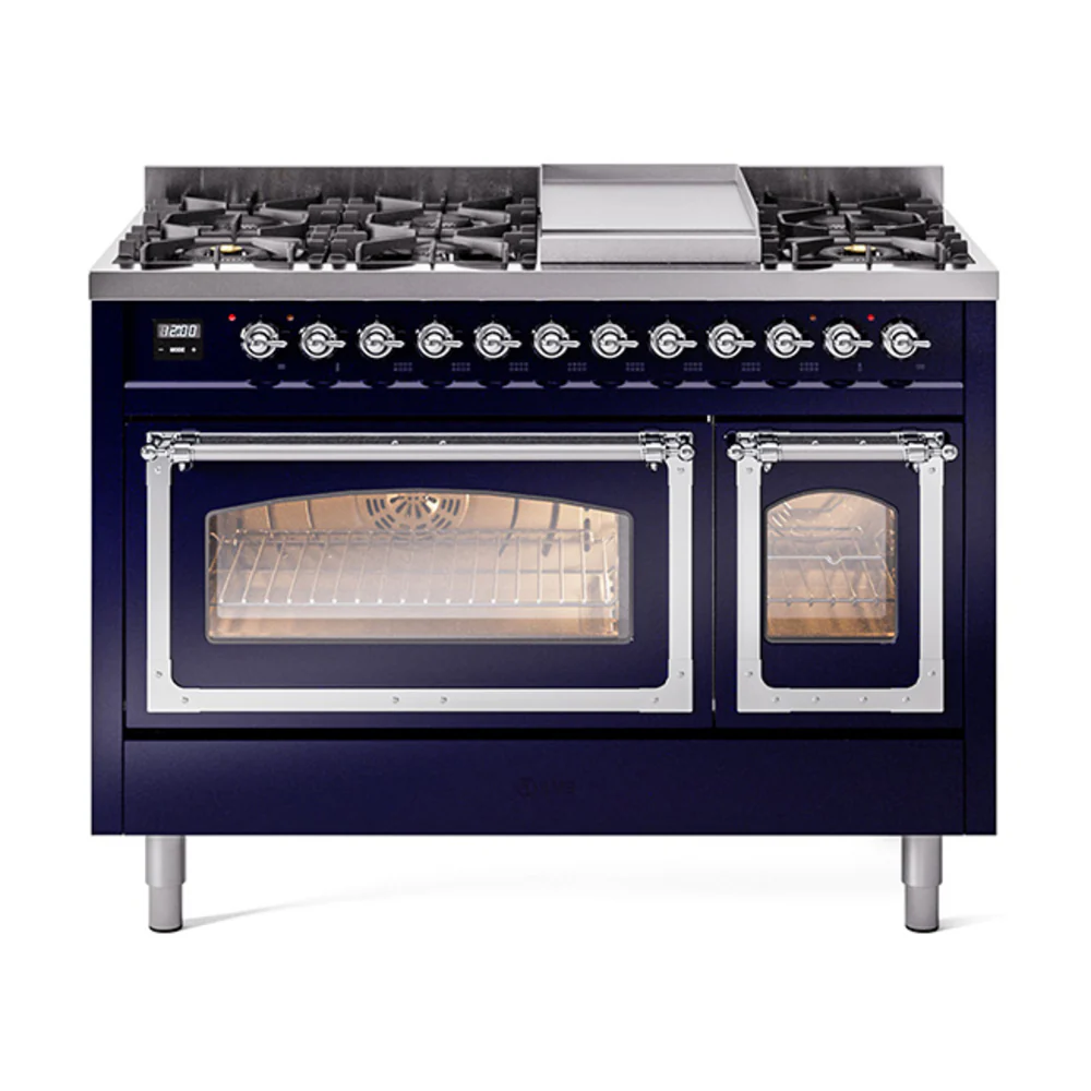 ILVE Nostalgie II Noblesse 48-Inch Dual Fuel Freestanding Range in Midnight Blue with Chrome Trim (UN48FNMPMBC)