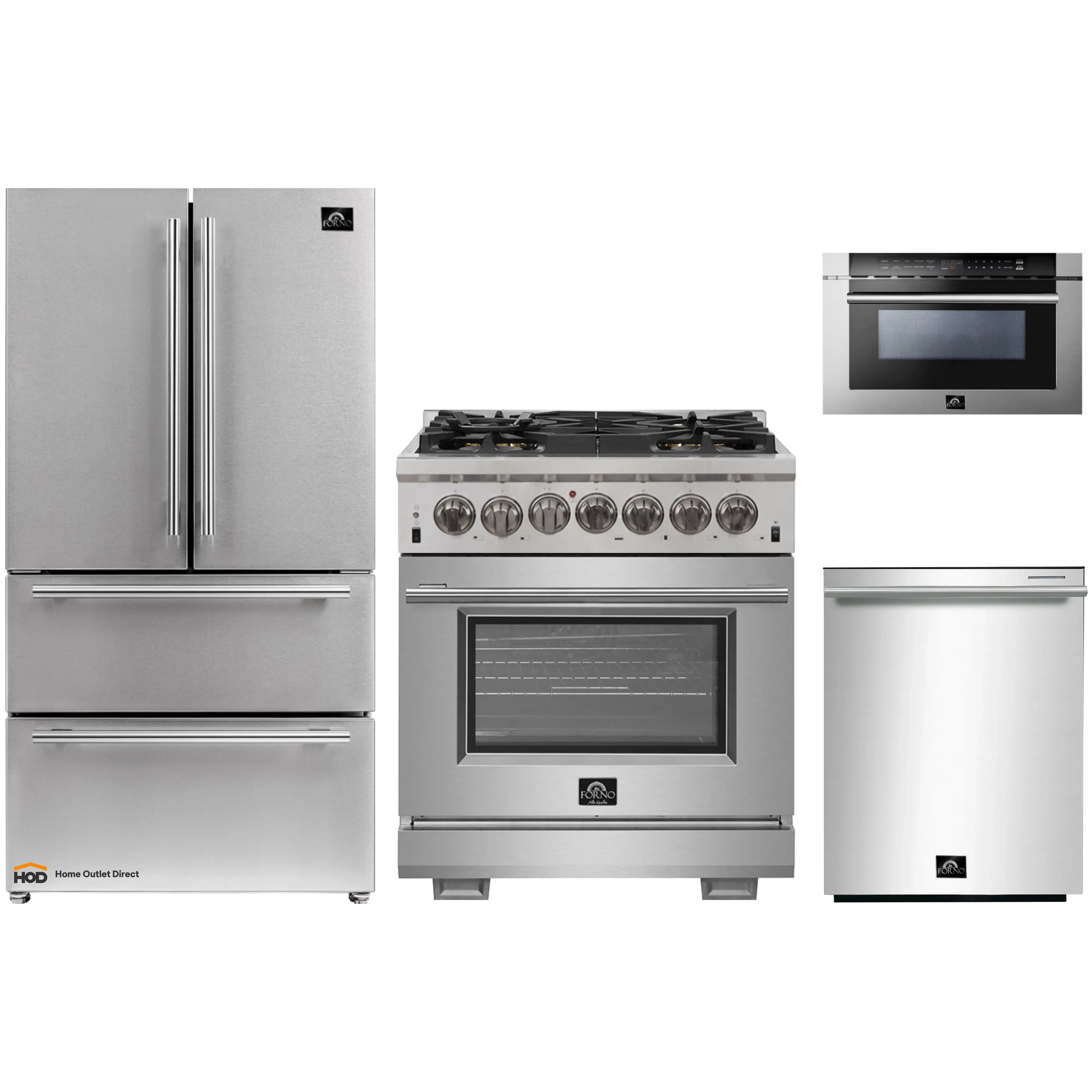 Forno 4-Piece Pro Appliance Package - 30-Inch Dual Fuel Range, Refrigerator, 24-Inch Microwave Drawer, & 3-Rack Dishwasher in Stainless Steel