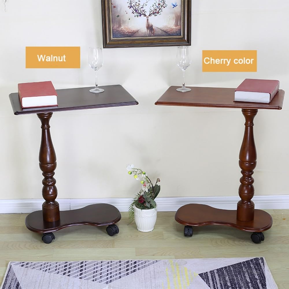 カドゥー KADEUX Bedside Table with Wheels, Vintage Wood Overbed Table, Sofa Side Table Mobile Laptop Cart, Portable C Shaped End Table for Bedside Hospital Medical Home Use (Color : Cherry Color)