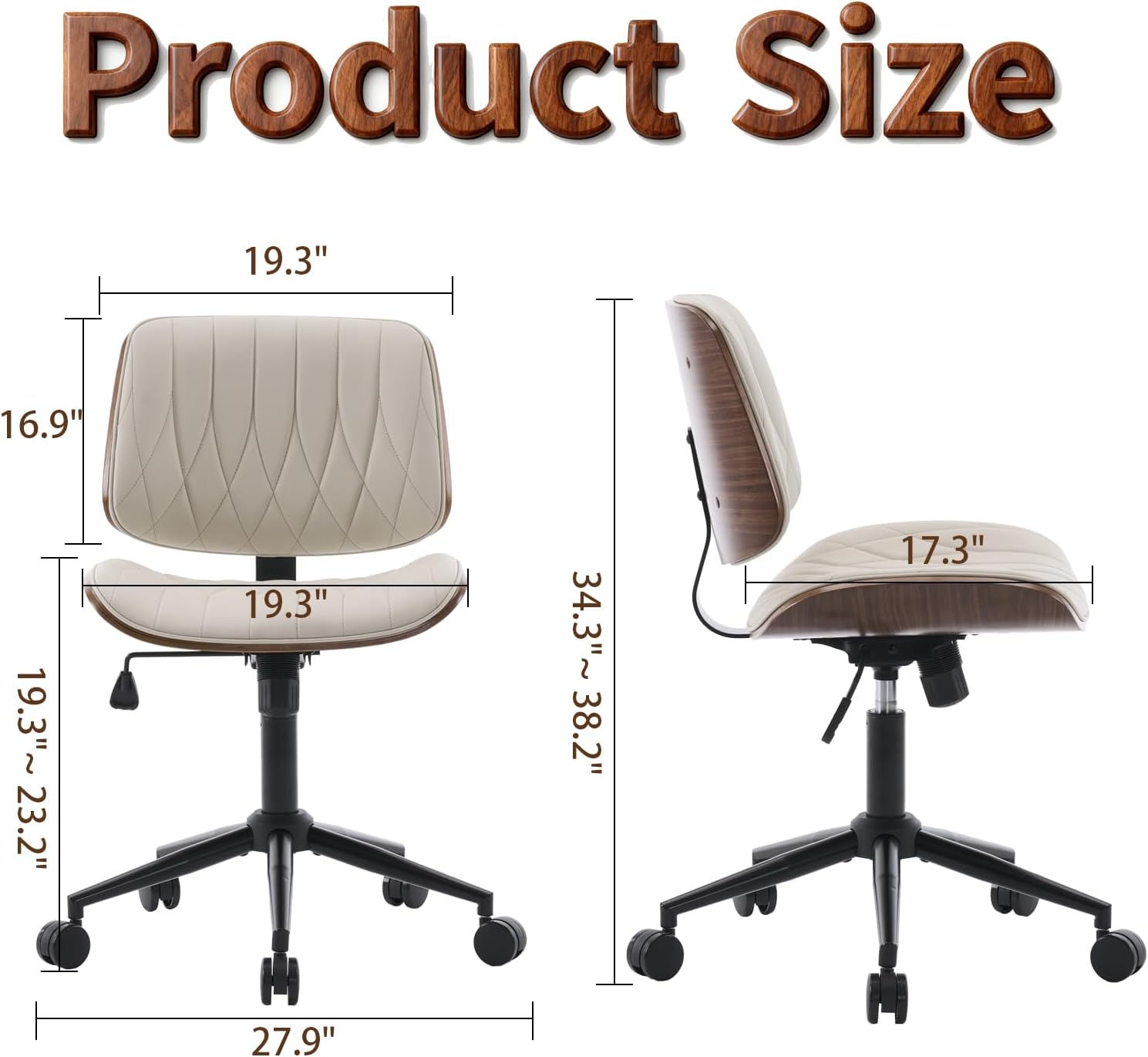 Armless Desk Chair, Mid-Century Modern Office Chair no Arms, Vanity Chair, PU Leather Computer Task Chairs for Home Small Space, Quilted Upholstery Bentwood Frame, Swivel with Wheels, Cream
