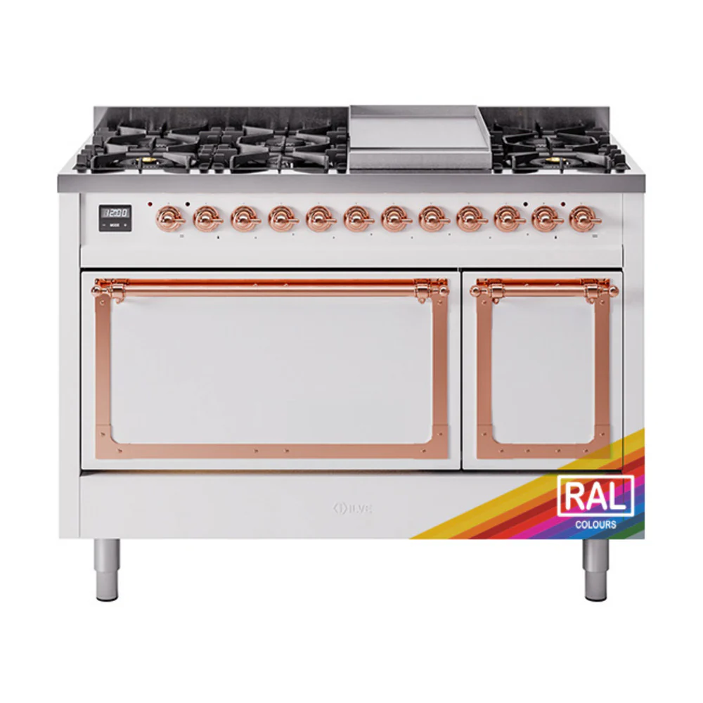 ILVE Nostalgie II Noblesse 48-Inch Dual Fuel Freestanding Range with Solid Door Oven in Custom RAL with Copper Trim (UN48FQNMPRAP)