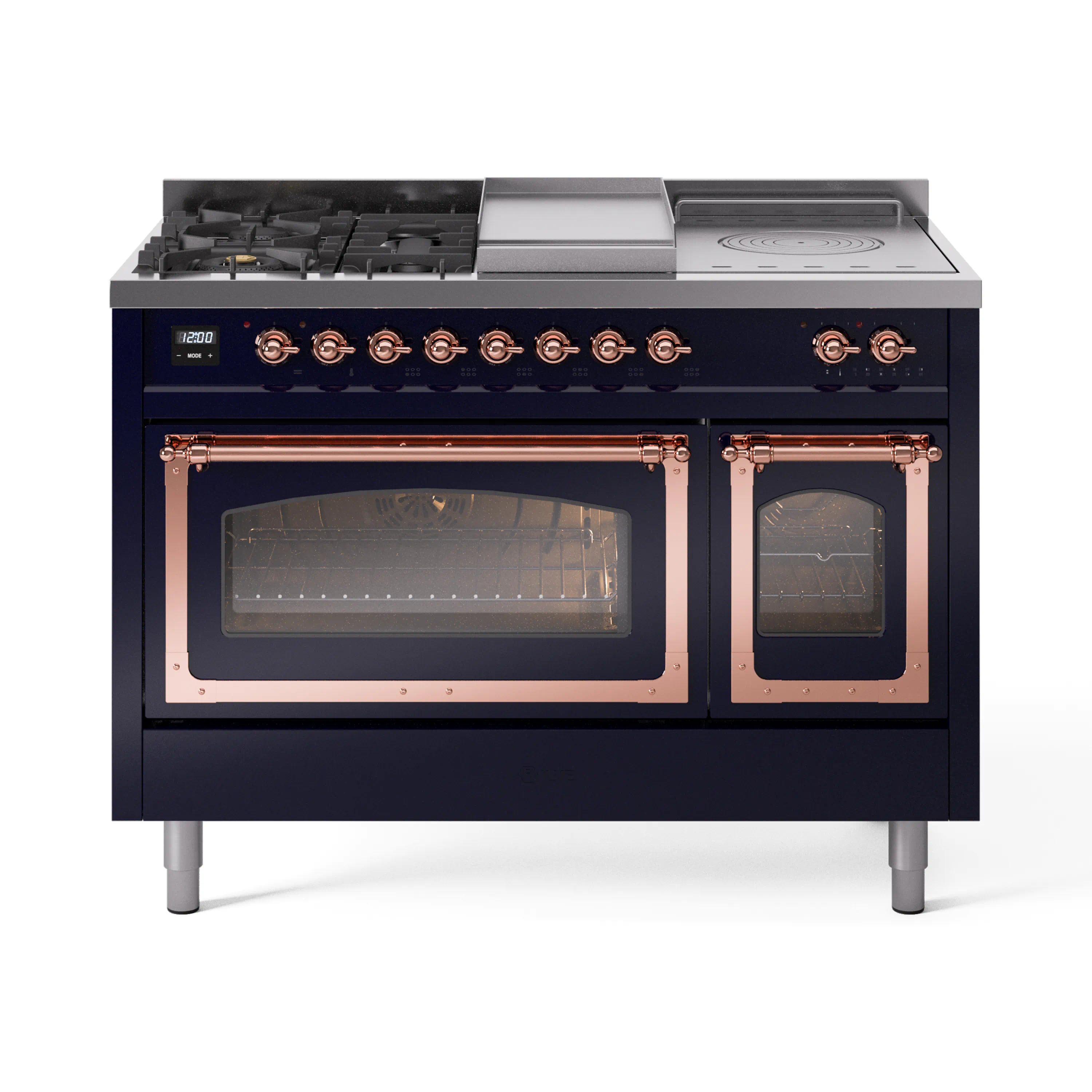 ILVE Nostalgie II Noblesse 48-Inch Dual Fuel Freestanding Range with Triple Glass Door Oven in Midnight Blue with Copper Trim (UN48FSNMPMBP)