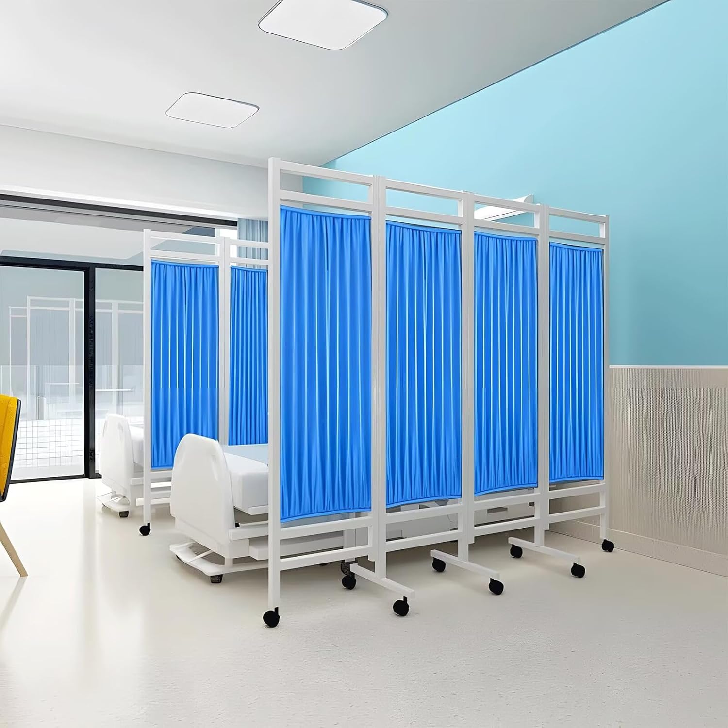 Medical Room Divider with Foldable Panels, Mobile Medical Privacy Screen with Steel Frame, partition Room dividers for Hospital, Nursing Privacy Screen, no Odor Fabric (Blue 5 Panels)