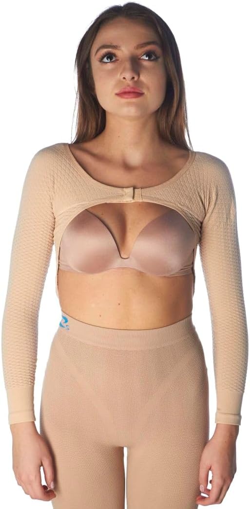 High compression mini top, massaging arms sleeves for Lipedema, Lymphedema diseases (S/M, Nude)
