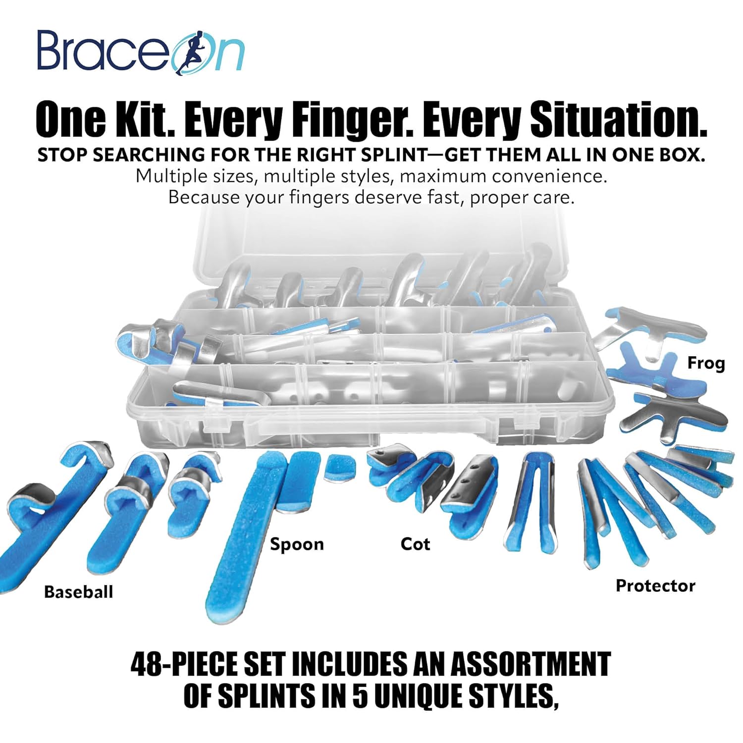 Brace On 48-Piece Thumb and Finger Splint Kit Hand Injury Splints, Comfortable Foam Support, Metal Splinting, 5 Assorted Styles, Thumb Brace, Finger Cots, Thumb Splint and Finger Spint and Braces