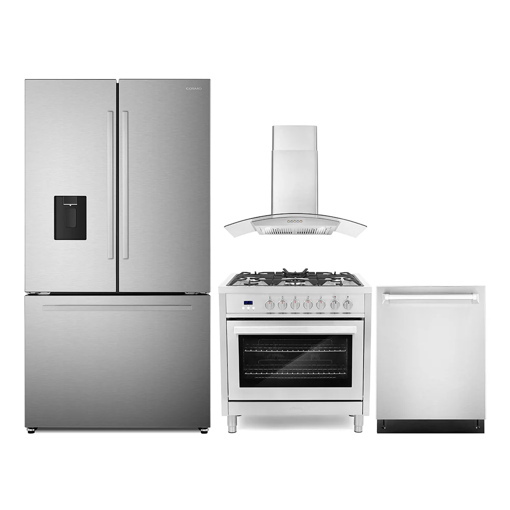 Cosmo 4-Piece Appliance Package - 36-Inch Single Oven Dual Fuel Range, Wall Mount Range Hood, Dishwasher and Refrigerator with Water Dispenser in Stainless Steel (COS-4PKG-678)