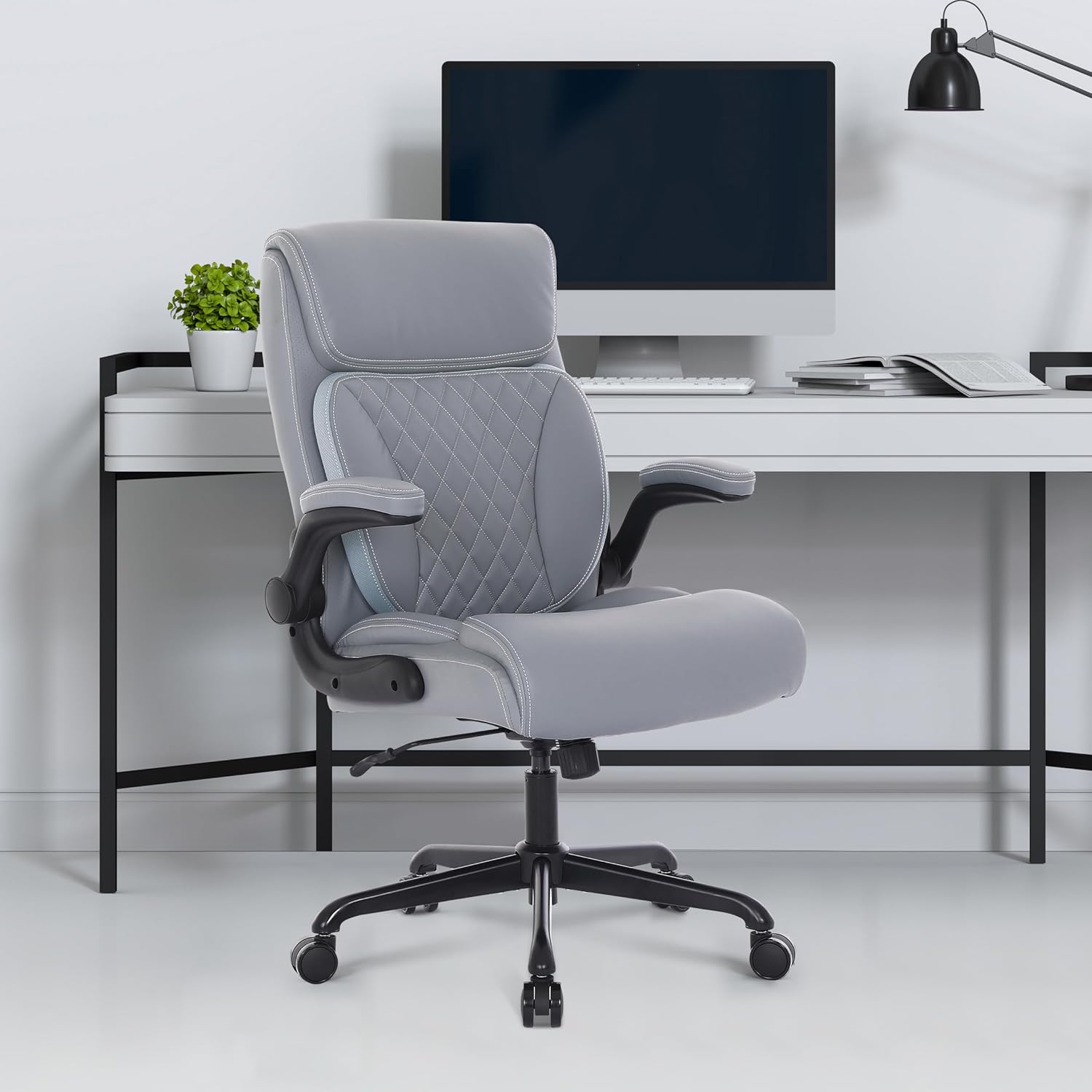 Youhauchair Executive Office Chair, Ergonomic PU Leather Computer Desk Chair with Lumbar Support, Flip-up Armrests and Adjustable Height, for Home Office, Grey