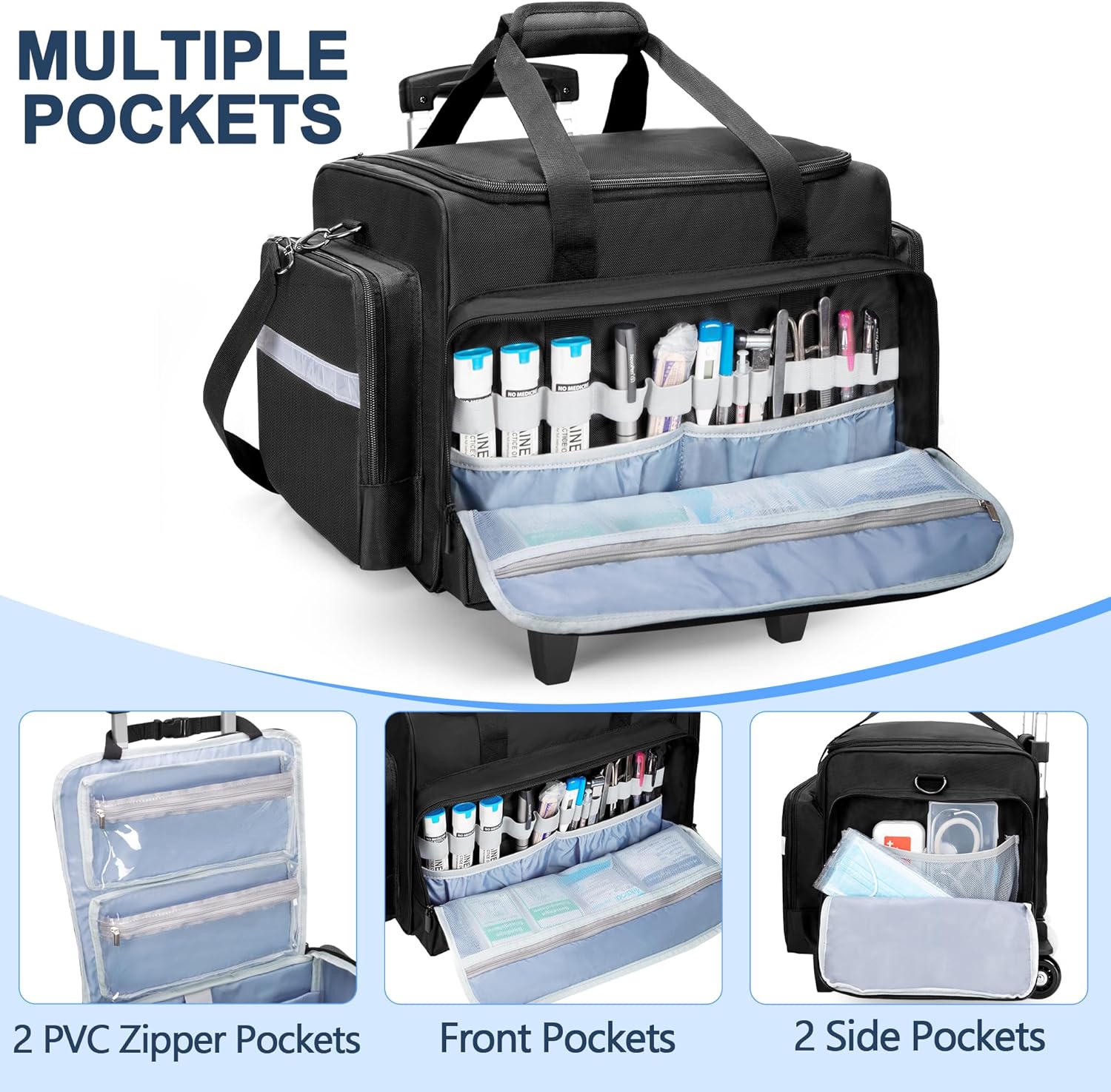 Damero Rolling Medical Bag with Detachable Trolley, Empty Emergency Response Supplies Bag with Removable Dividers, Medical Equipment Storage Bag for Home Health Nurses, Doctors, EMT, EMS, Black