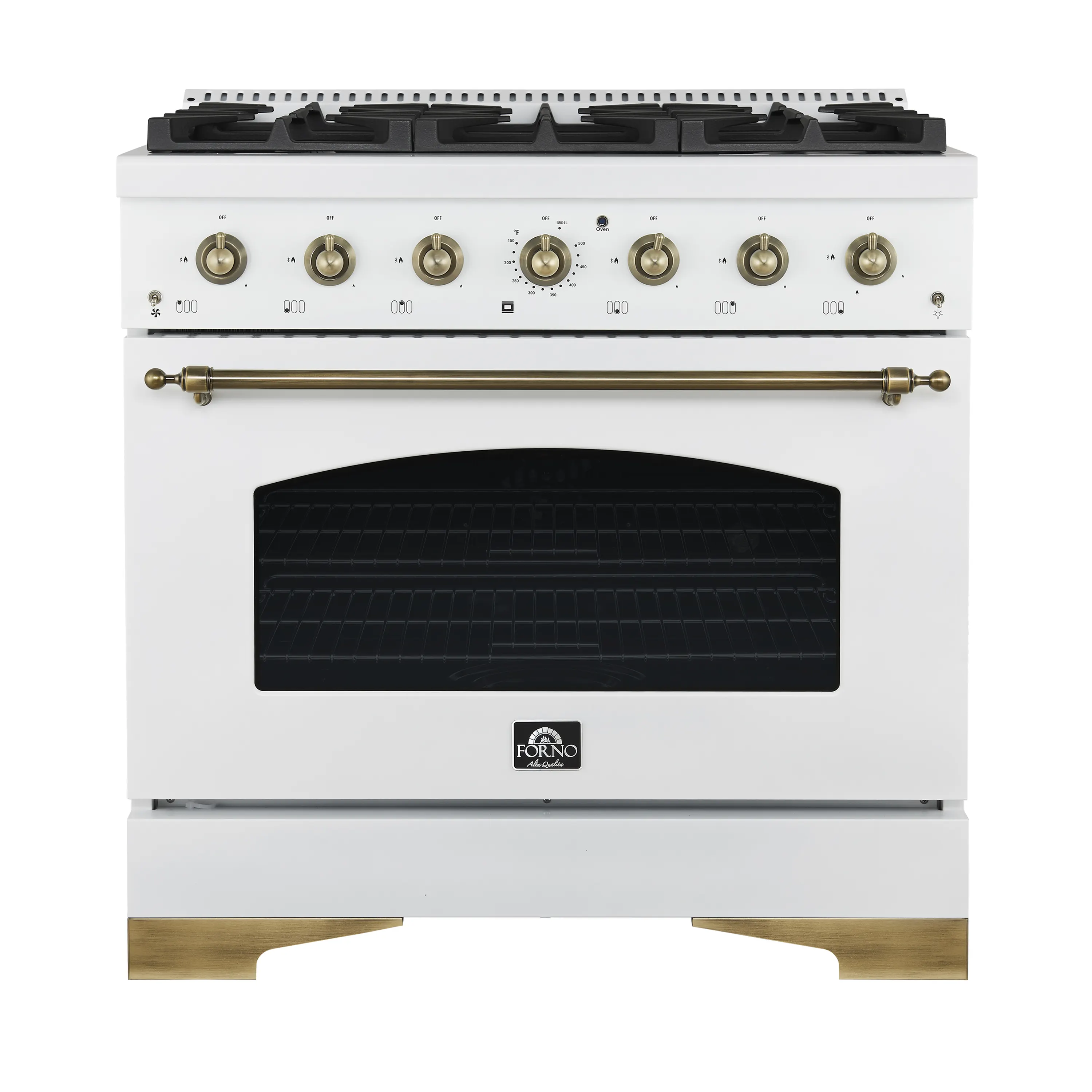 Forno Antico 36-inch Gas Range with 6 Gas Burner Cooktop and 4.5 Cu.Ft. Gas Convection Oven in White with Antique Brass Trim (FFSGS6219-36WHT)