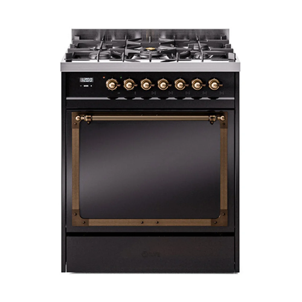 ILVE Nostalgie II Noblesse 30-Inch Dual Fuel Range with Solid Door in Glossy Black with Bronze Trim (UN30QNMPBKB)