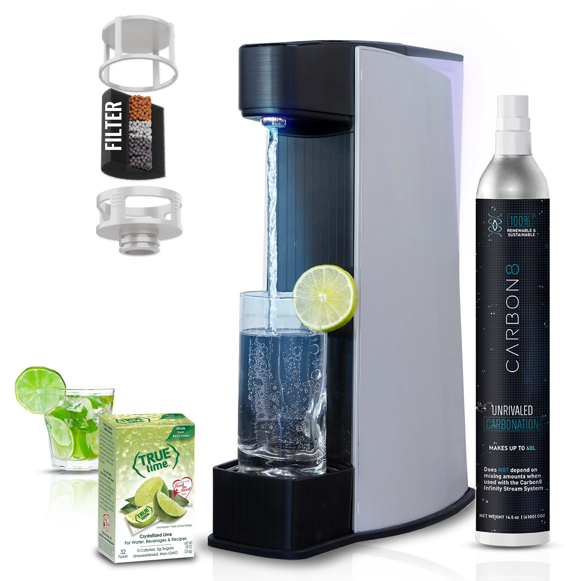 Carbon8 Kit - One Touch Sparkling Water Maker + Filter & Lemon8 + Co2 Cylinder - Silver