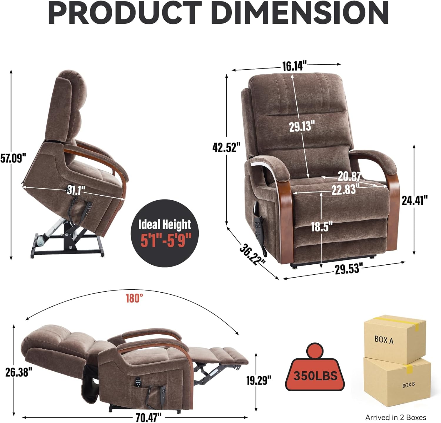 Dual Motor Power Lift Recliner – Heated Massage, Solid Wood Armrests & 350 LBS Capacity