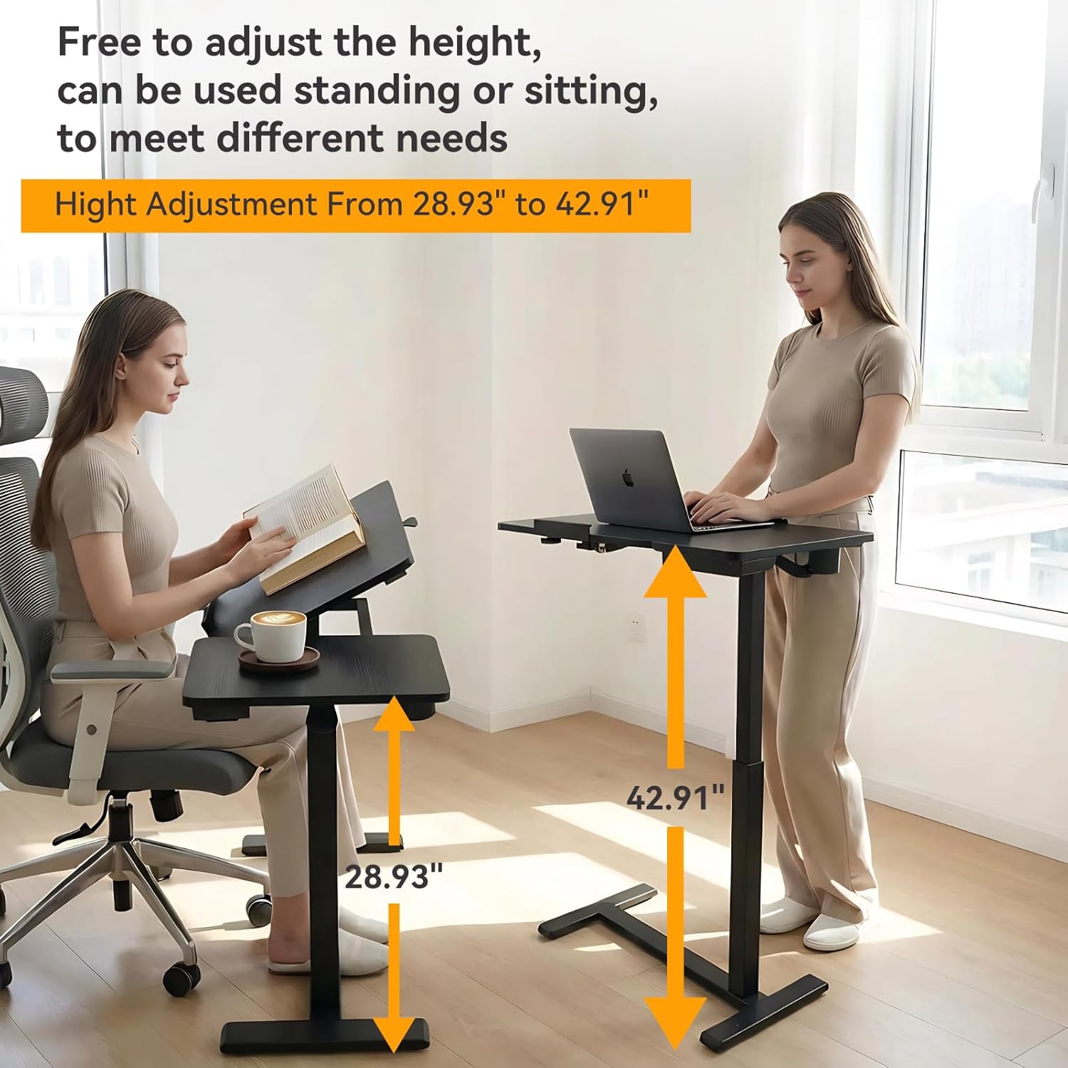 Overbed Bedside Table Adjustable with Wheels, Mobile Standing Stand Up Rolling Laptop PC Desks with Tilting Top Height Tray Side Computer Workstation for Bedroom on Hospital Home Use, Black