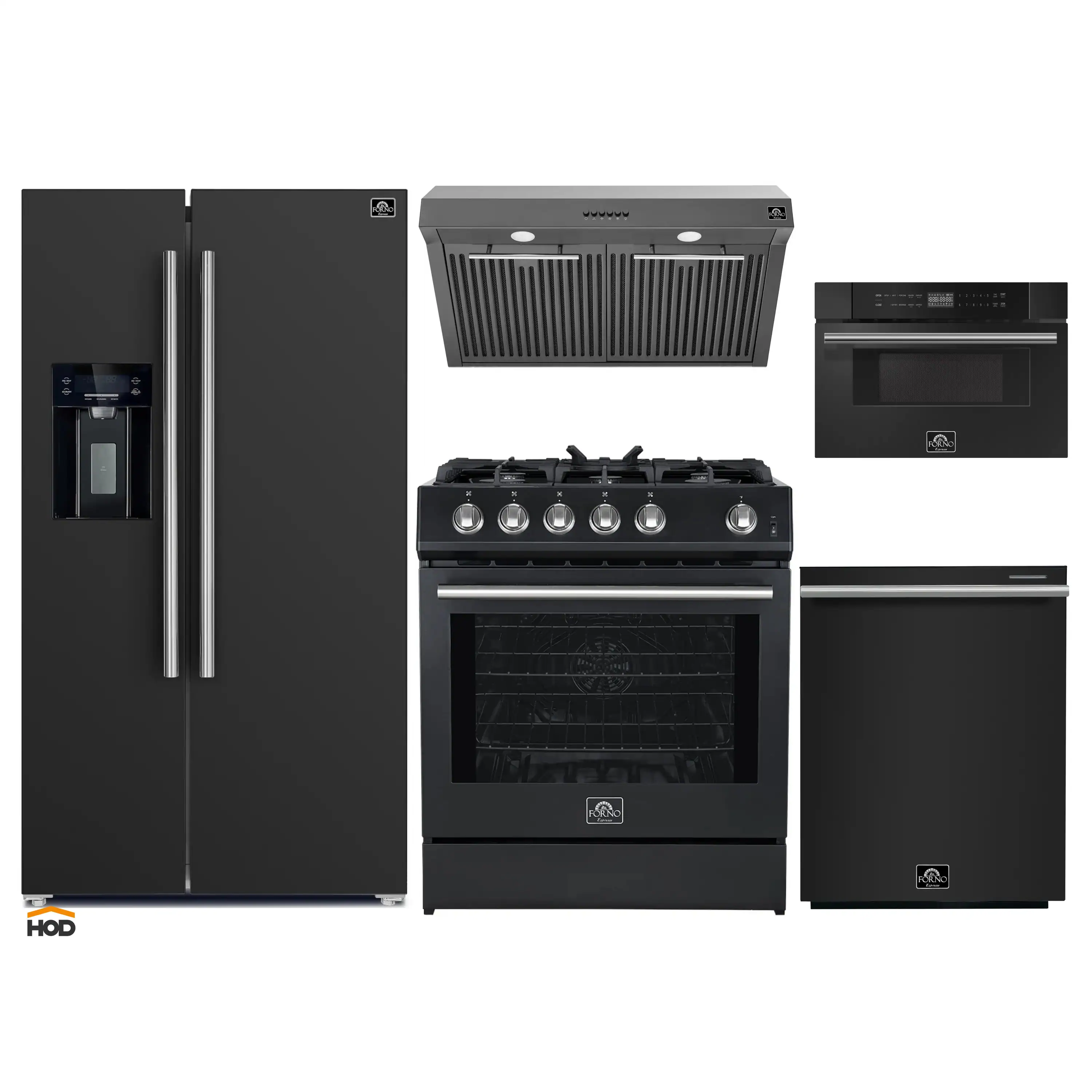 Forno 5-Piece Appliance Package - 30-Inch Gas Range, Under Cabinet Range Hood, Refrigerator wth Water Dispenser, Dishwasher, and 30-Inch Microwave Drawer in Black with Stainless Steel Trim