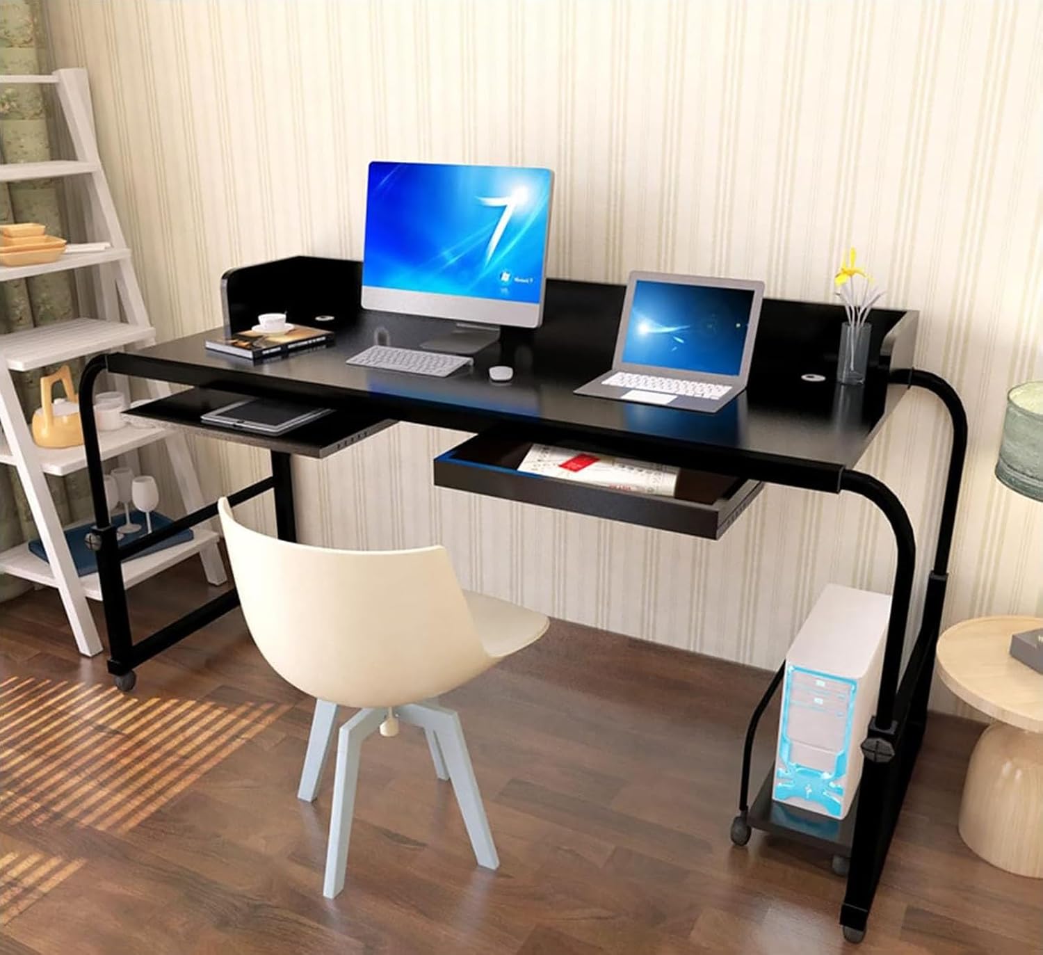 Overbed Table with Wheels, Rolling Laptop Stand Over Bed Desk, Trolley Mobile Writing Study Desk,Adjustable Length and Height Hospital Tray Table 140cm