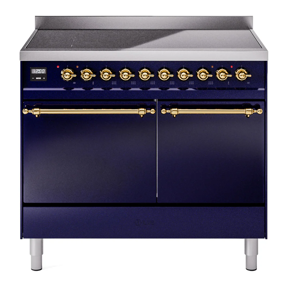 ILVE 40-Inch Nostalgie II Induction Range with Solid Door Oven in Midnight Blue with Brass Trim (UPDI406QNMPMBG)