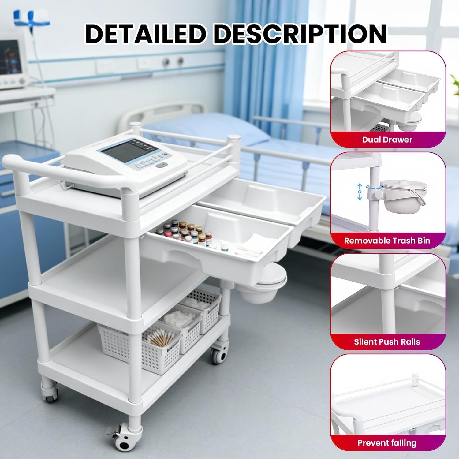 Medical Cart Professional 3-Tier Mobile with Wheels 110 LBS Max Load Rolling Cart with Drawers Dirt Bucket Sharps Box for Hospital Dental Clinic Home Medical Staff & Caregivers