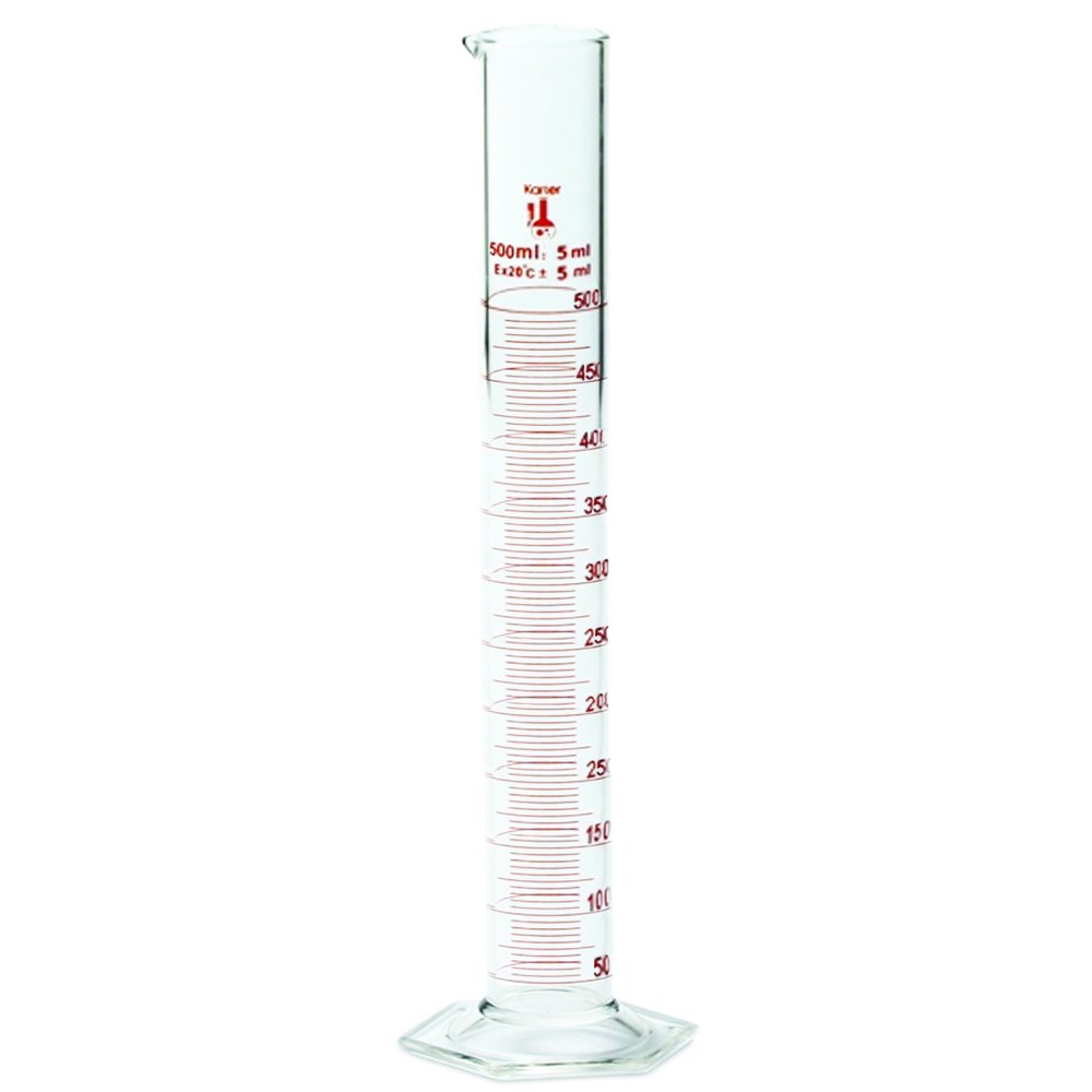 500ml Graduated Cylinder, Borosilicate 3.3 Glass, Single Metric Scale, Karter Scientific 213I7 (Case of 10)