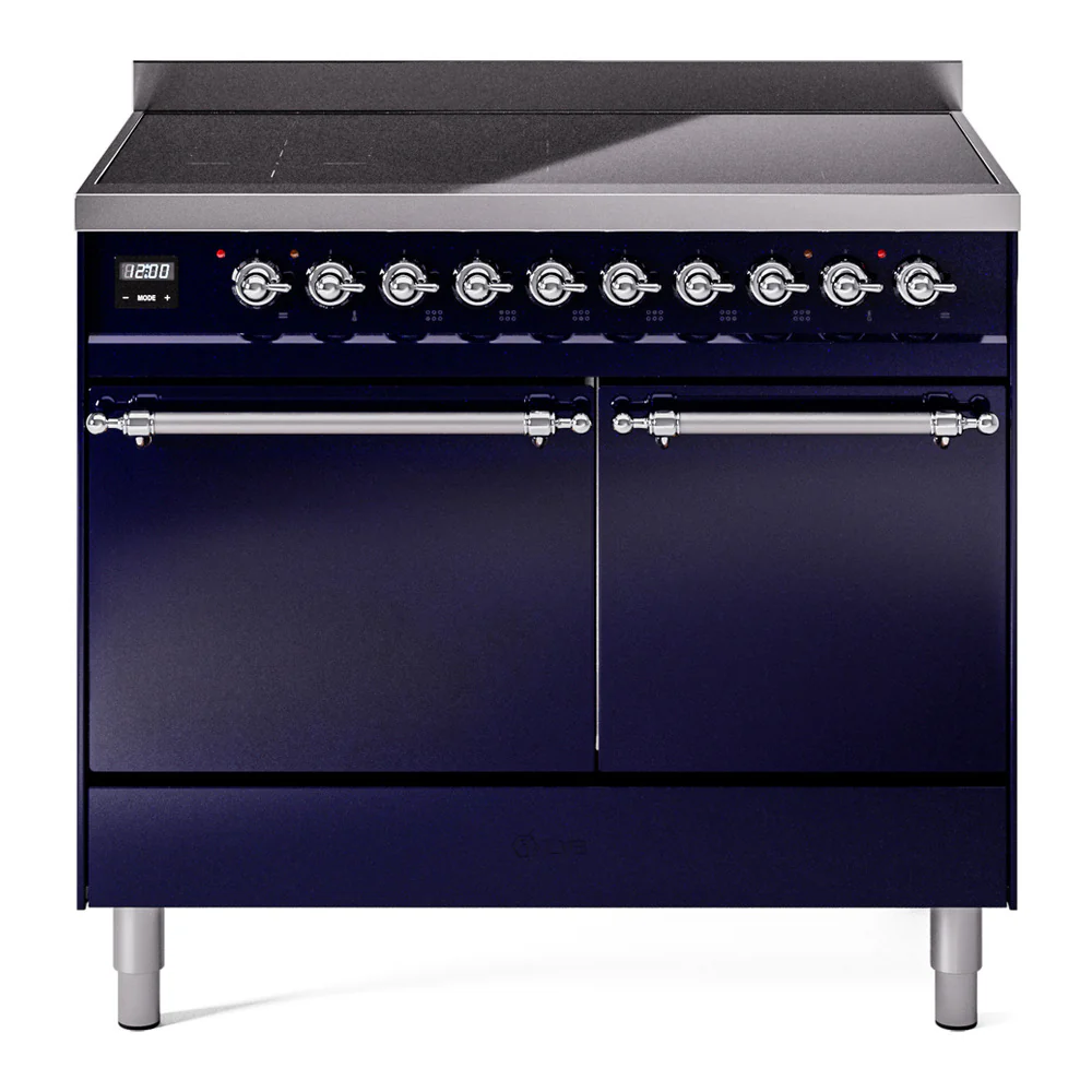 ILVE 40-Inch Nostalgie II Induction Range with Solid Door Oven in Midnight Blue with Chrome Trim (UPDI406QNMPMBC)
