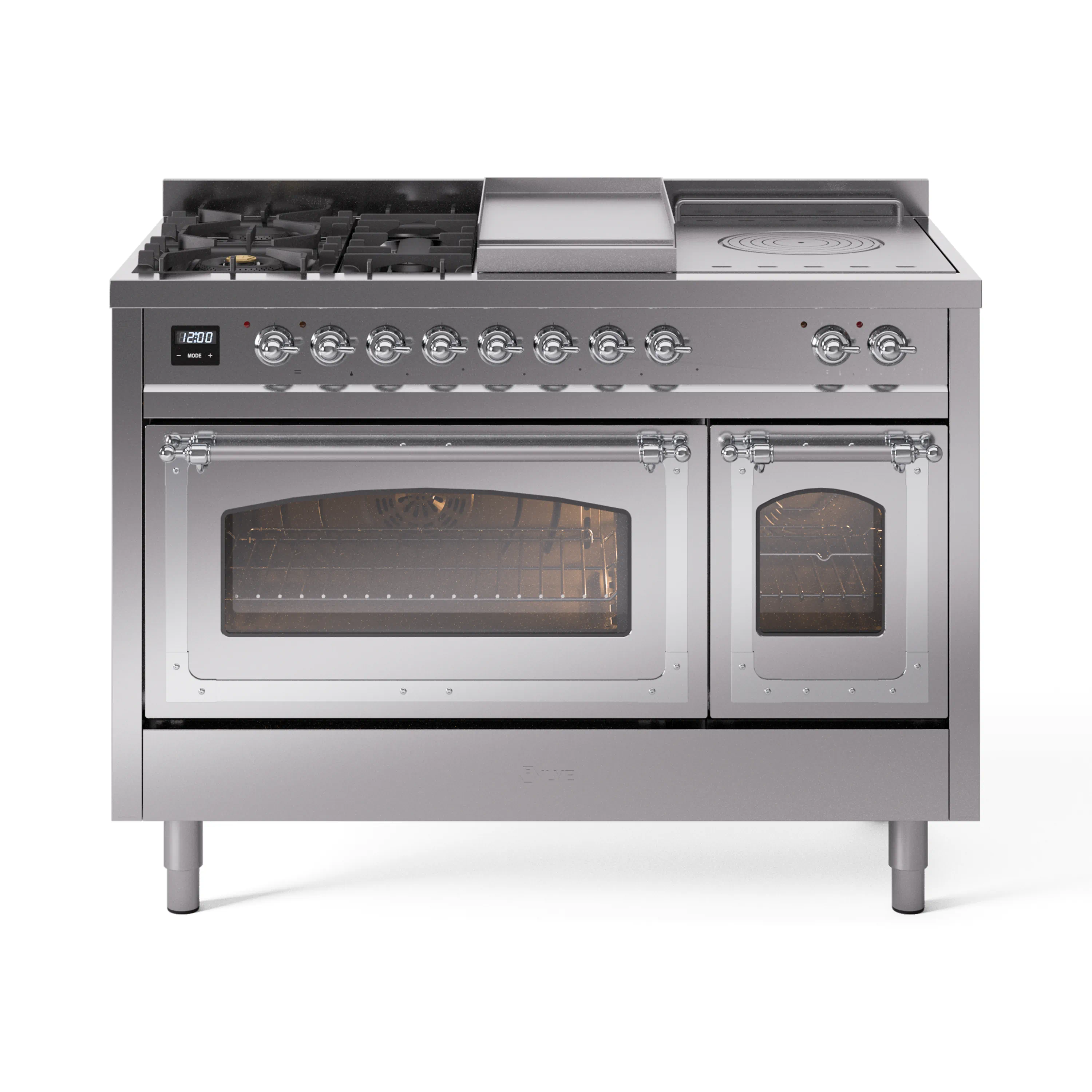 ILVE 48-Inch Nostalgie II Noblesse Dual Fuel Range with 5 Sealed Burners, Griddle, French Top and Triple Glass Door Oven in Stainless Steel with Chrome Trim (UN48FSNMPSSC)