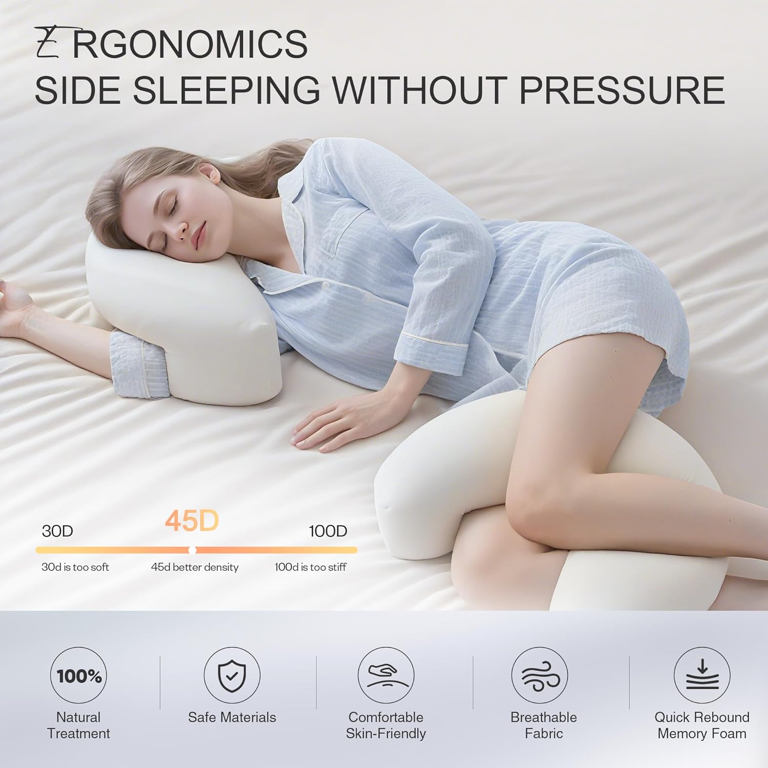 Jaxmoon Side Sleeper Pillow for Shoulder Pain Relief, Rotator Cuff Pillow with Arm Channels for Shoulder & Neck Support, Knee Pillow for Adults Between Legs, Ergonomic Memory Foam Pillow, Cream White