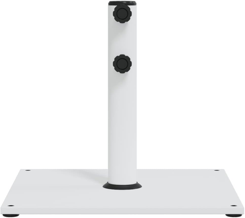 White Steel Parasol Base with Adjustable Armrests and Pole Adapters for Outdoor Umbrella Support, Medium Square Design for Patio, Garden, and Balcony Stability