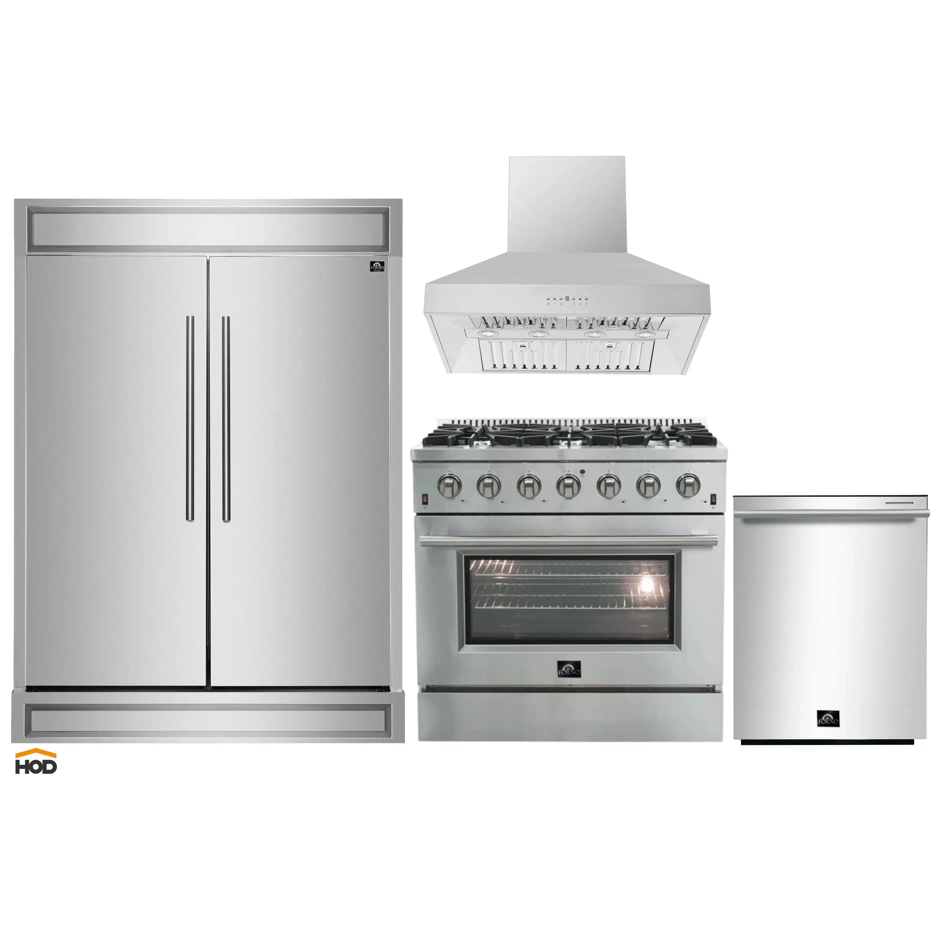 Forno 4-Piece Appliance Package - 36-Inch Gas Range, Refrigerator, Wall Mount Hood, & 3-Rack Dishwasher in Stainless Steel