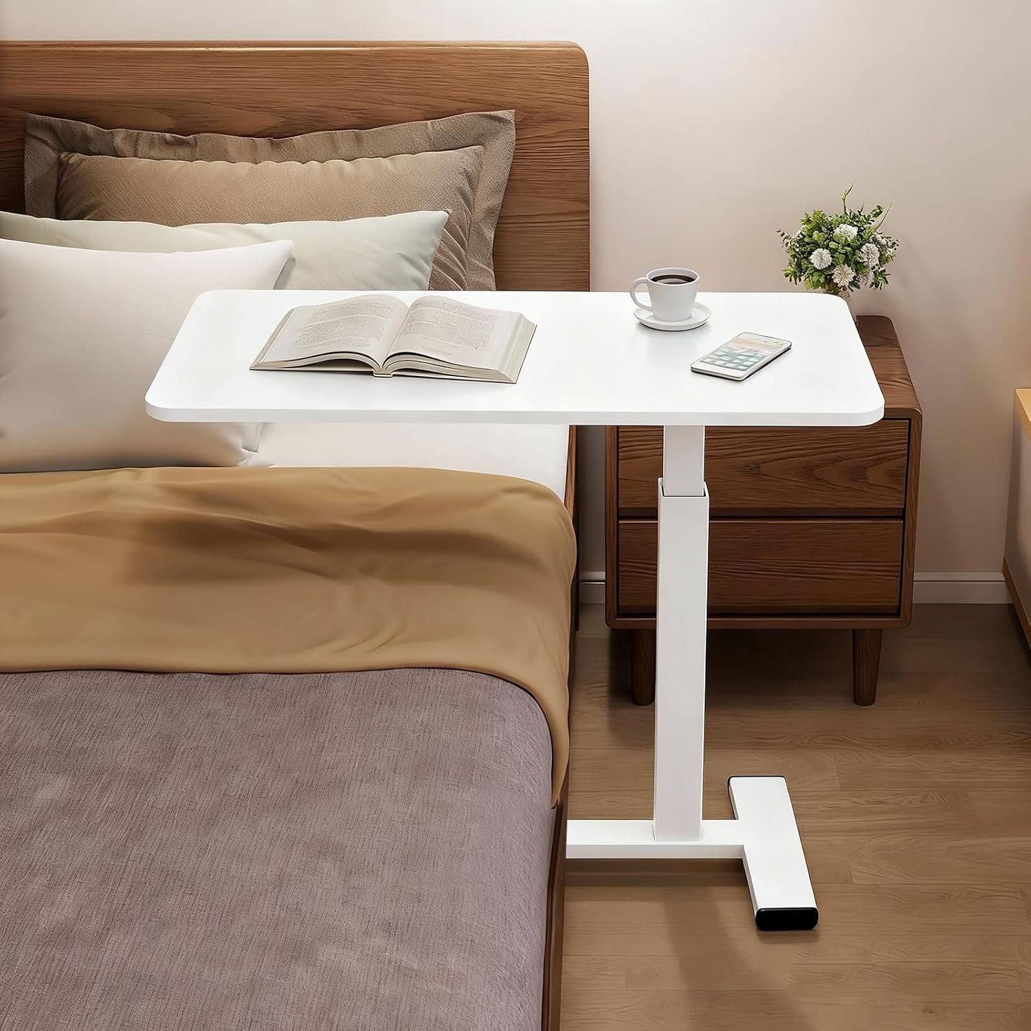 15.8''Wx31.5'D'x37.1''H Pneumatic Hospital Bed Table Adjustable End Table, Overbed Bedside Table with Wheels,Rolling Bedside Desk,Medical Desk Laptop Cart for Hospital Home Use,White