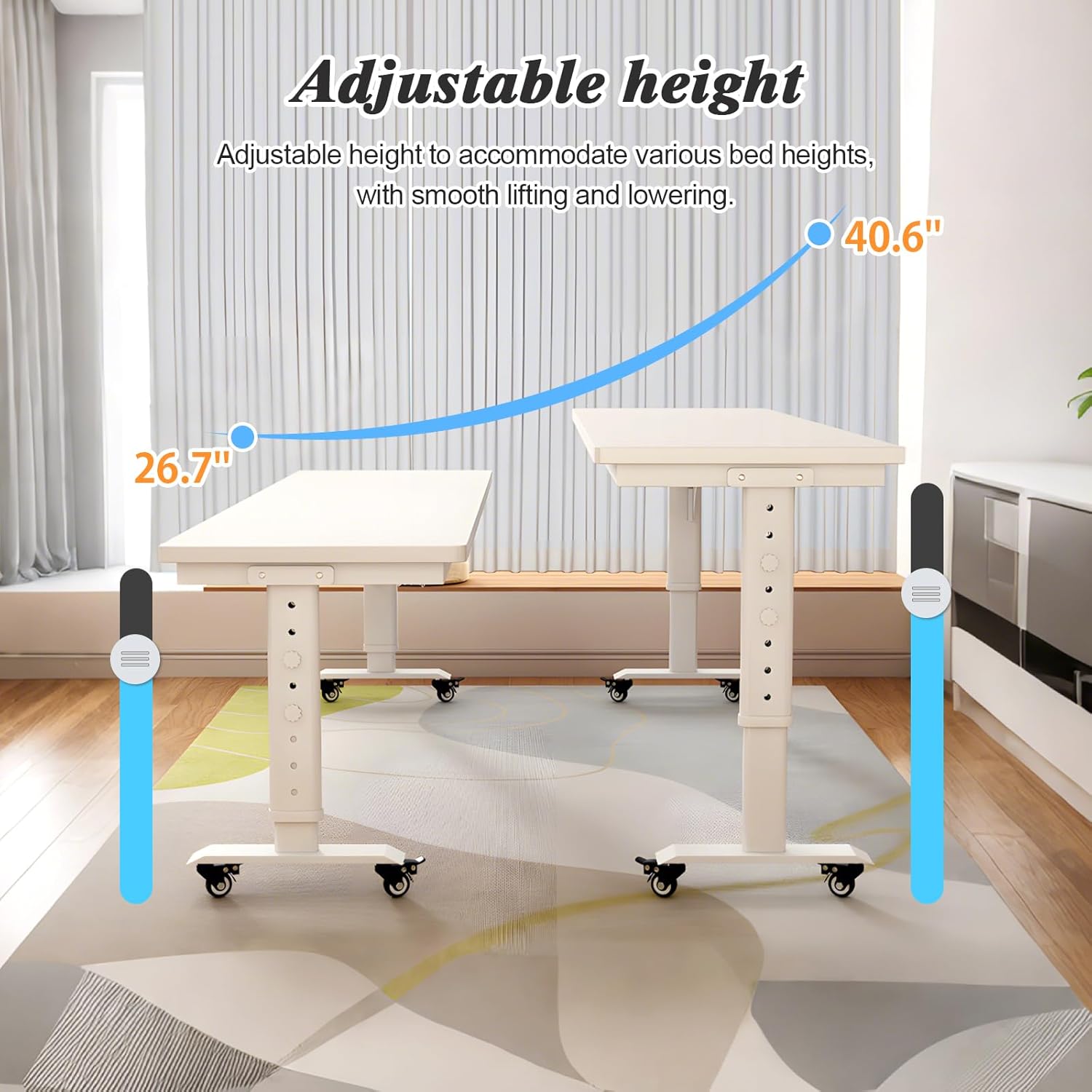 Over The Bed Table with Wheels, Adjustable Height Overbed Desk, Rolling Over Bed Desk, Giant Portable Mobile Laptop Cart for Computer, Bedroom Work, 90.6